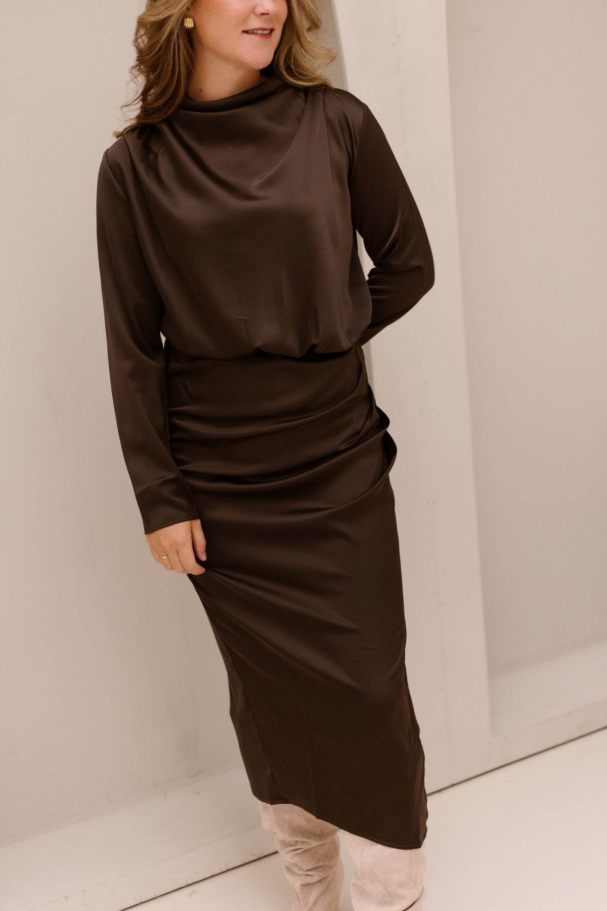 YASPella LS Funnel Neck Long Dress Chocolate Brown