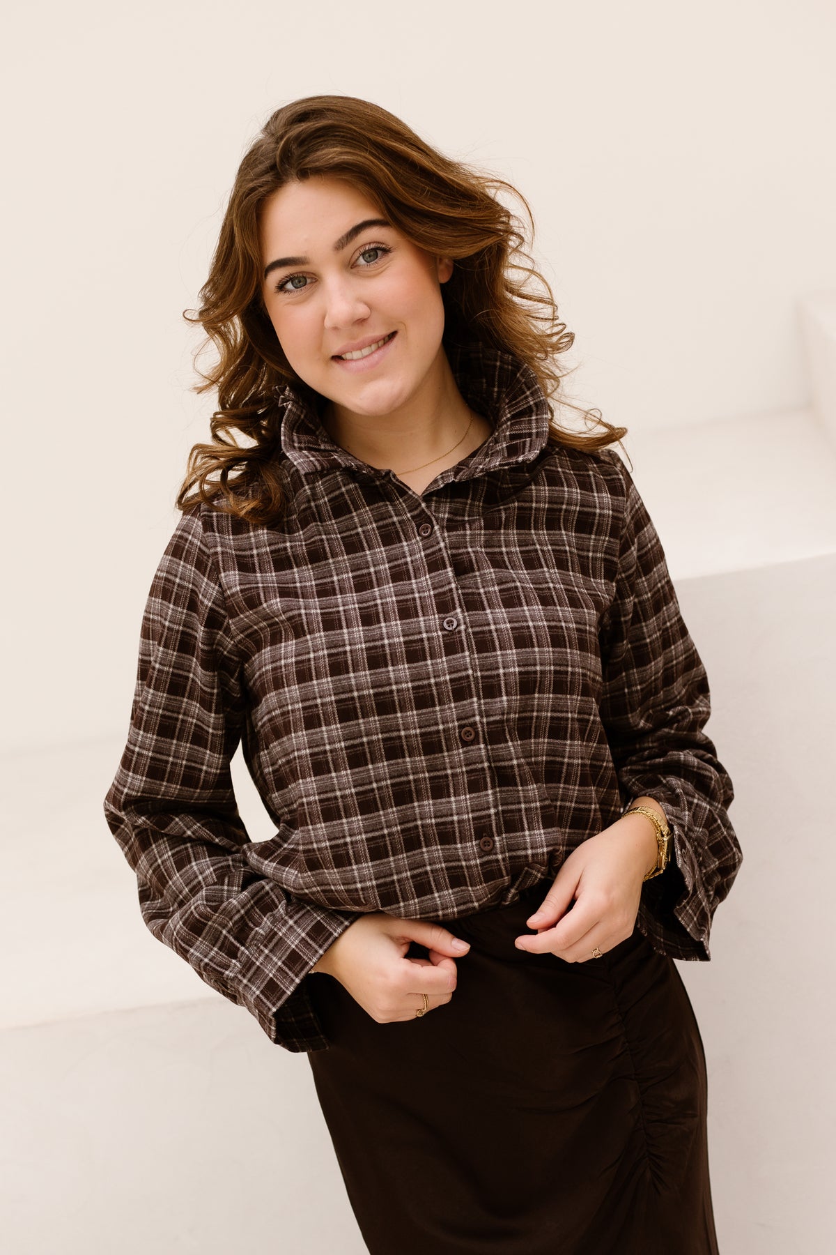 Fallon ruffle check blouse brown