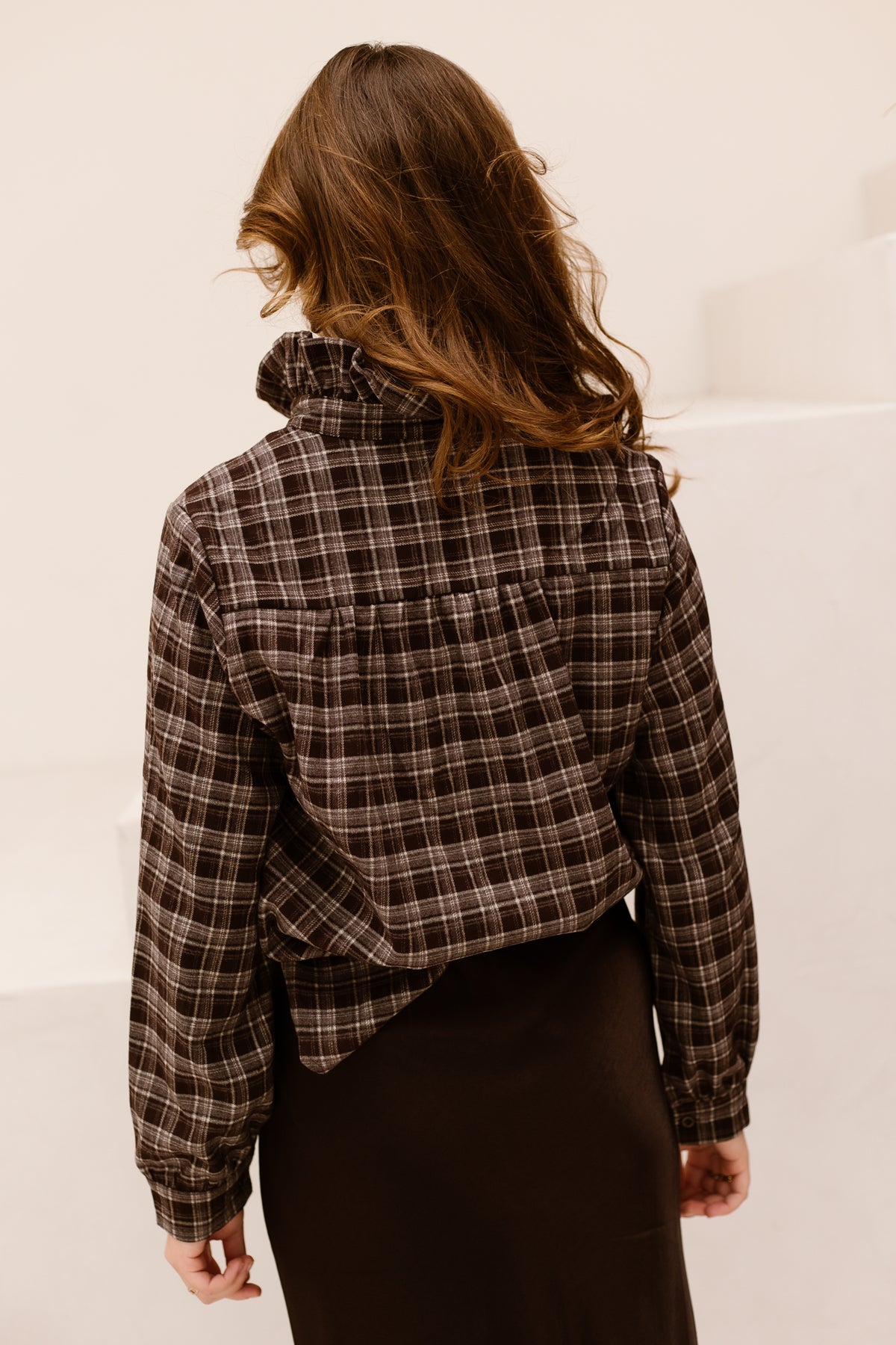 Fallon ruffle check blouse brown