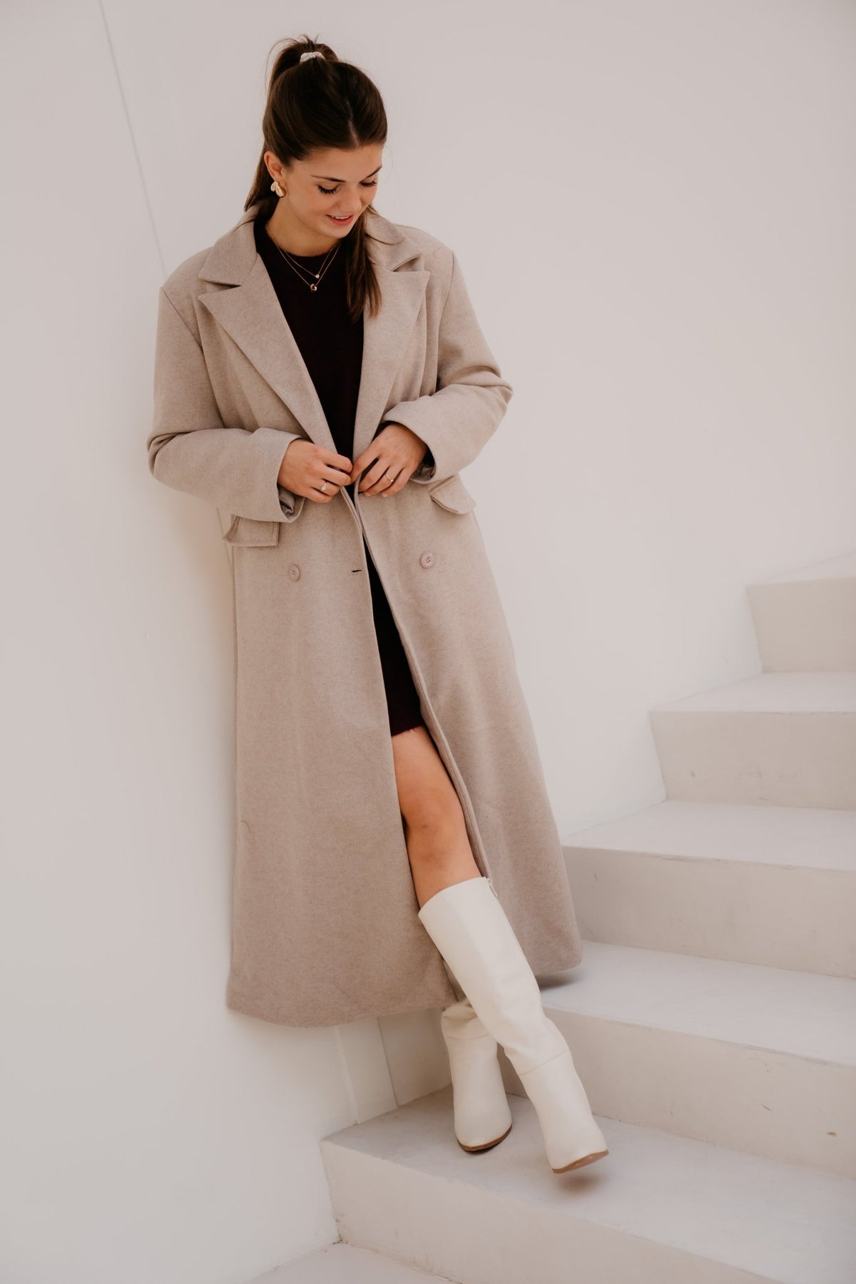 Amke taupe maxi coat - Bij Keesje - Bij Keesje - Jas