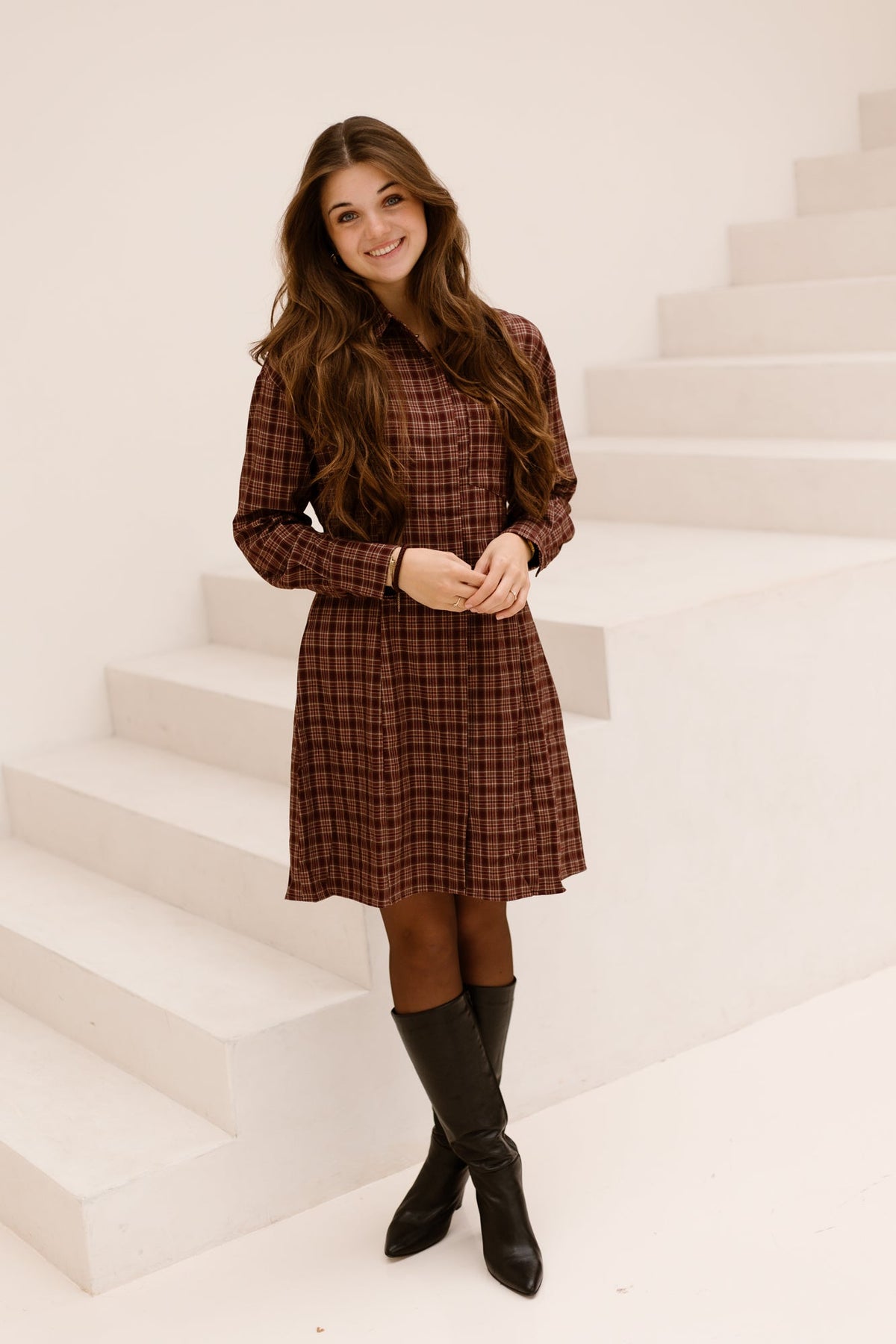 Elisa ruit jurk bordeaux - Bij Keesje - Bij Keesje - Jurk