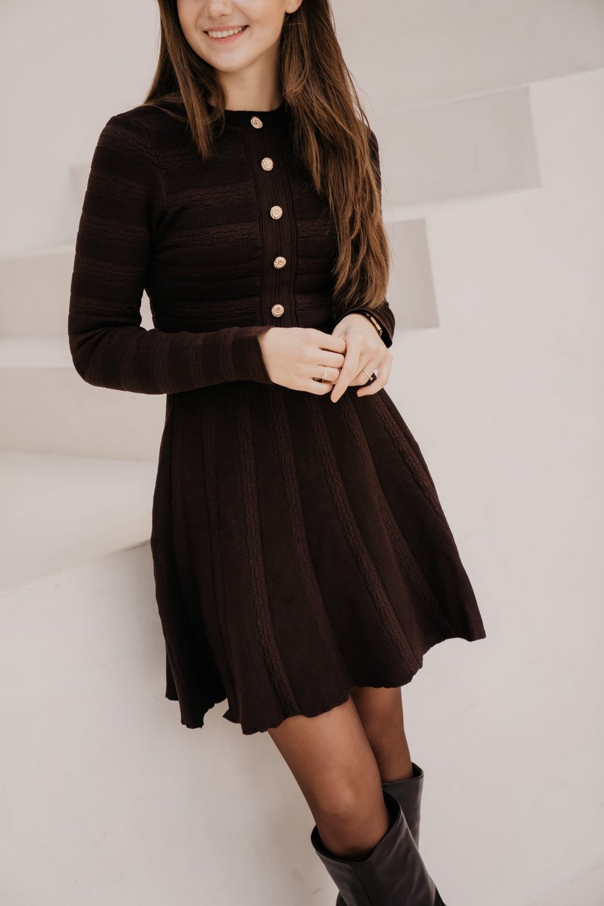 Evana button knit dress coffee - Bij Keesje - Bij Keesje - Jurk
