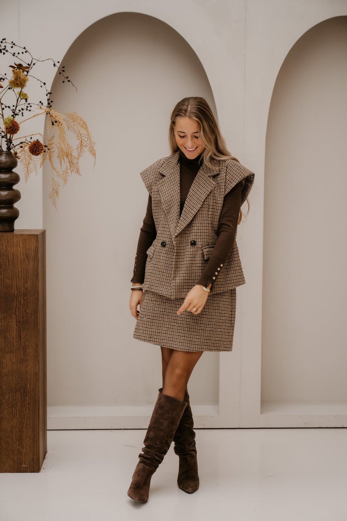 Ila ruit rok camel/black - Bij Keesje - Bij Keesje - Rok