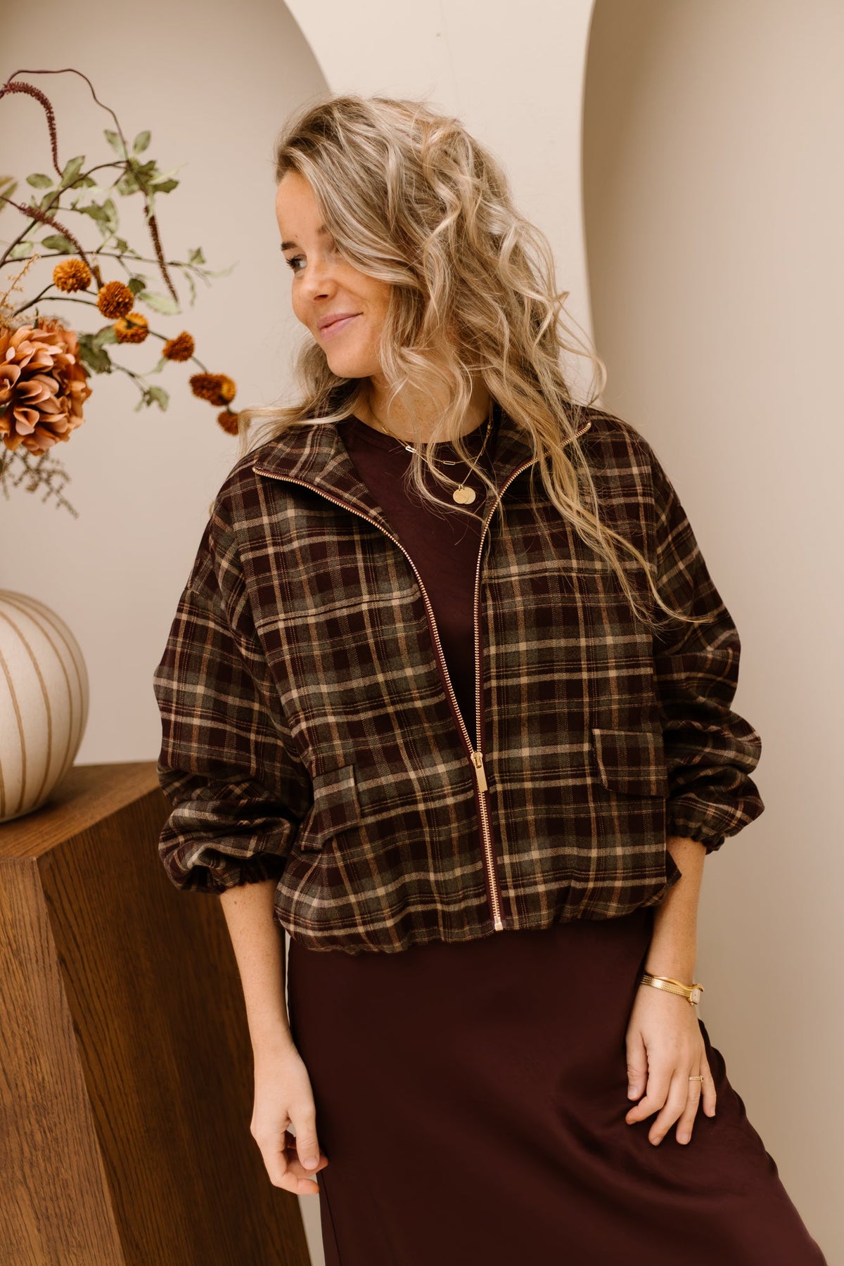 Noura check jacket burgundy - Bij Keesje - Bij Keesje - Jas