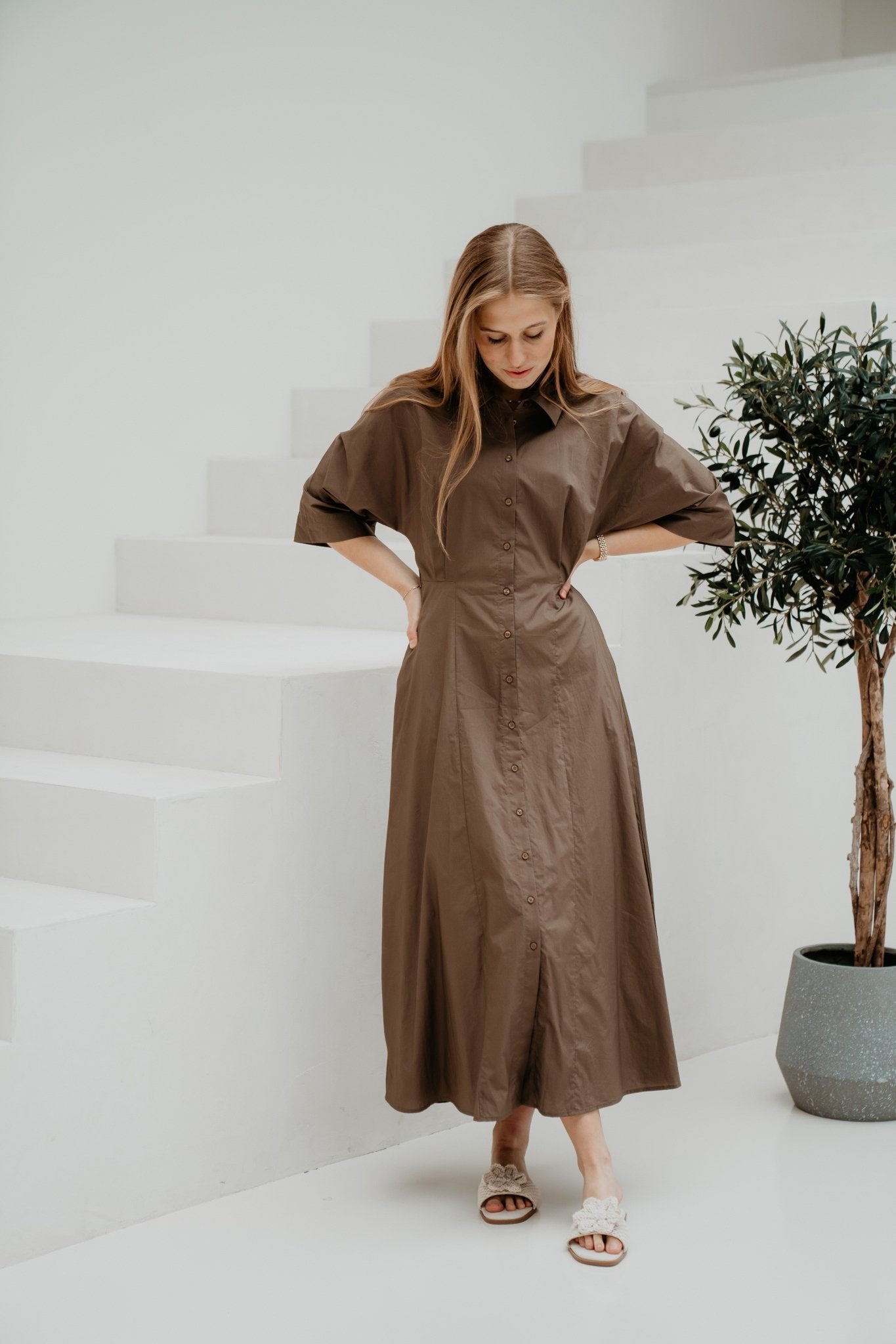 Objelly Hope 3/4 RE Midi Dress 144 Morel - Bij Keesje - Object - Jurk