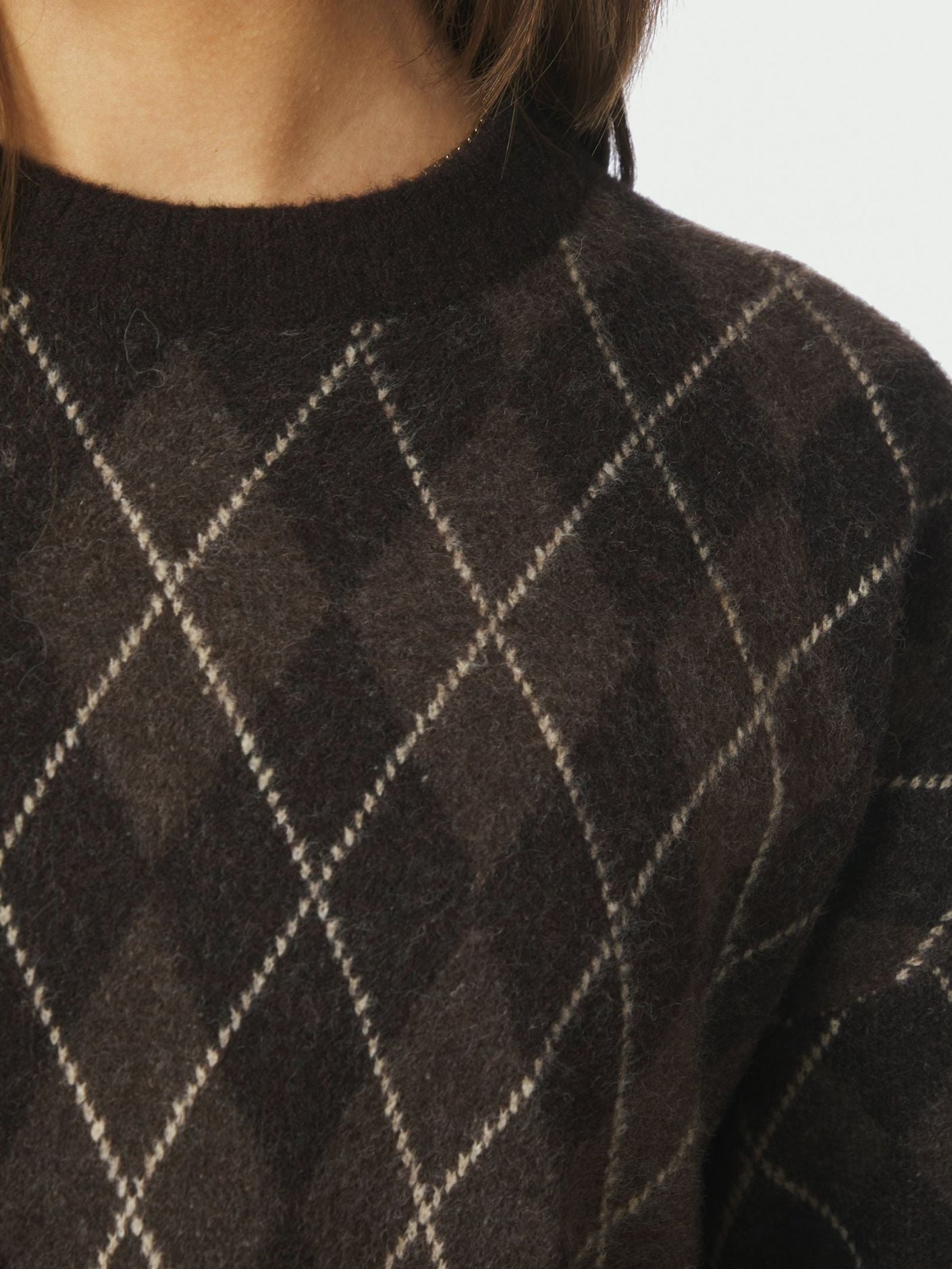 Kick Check Knit Blouse Dark Brown