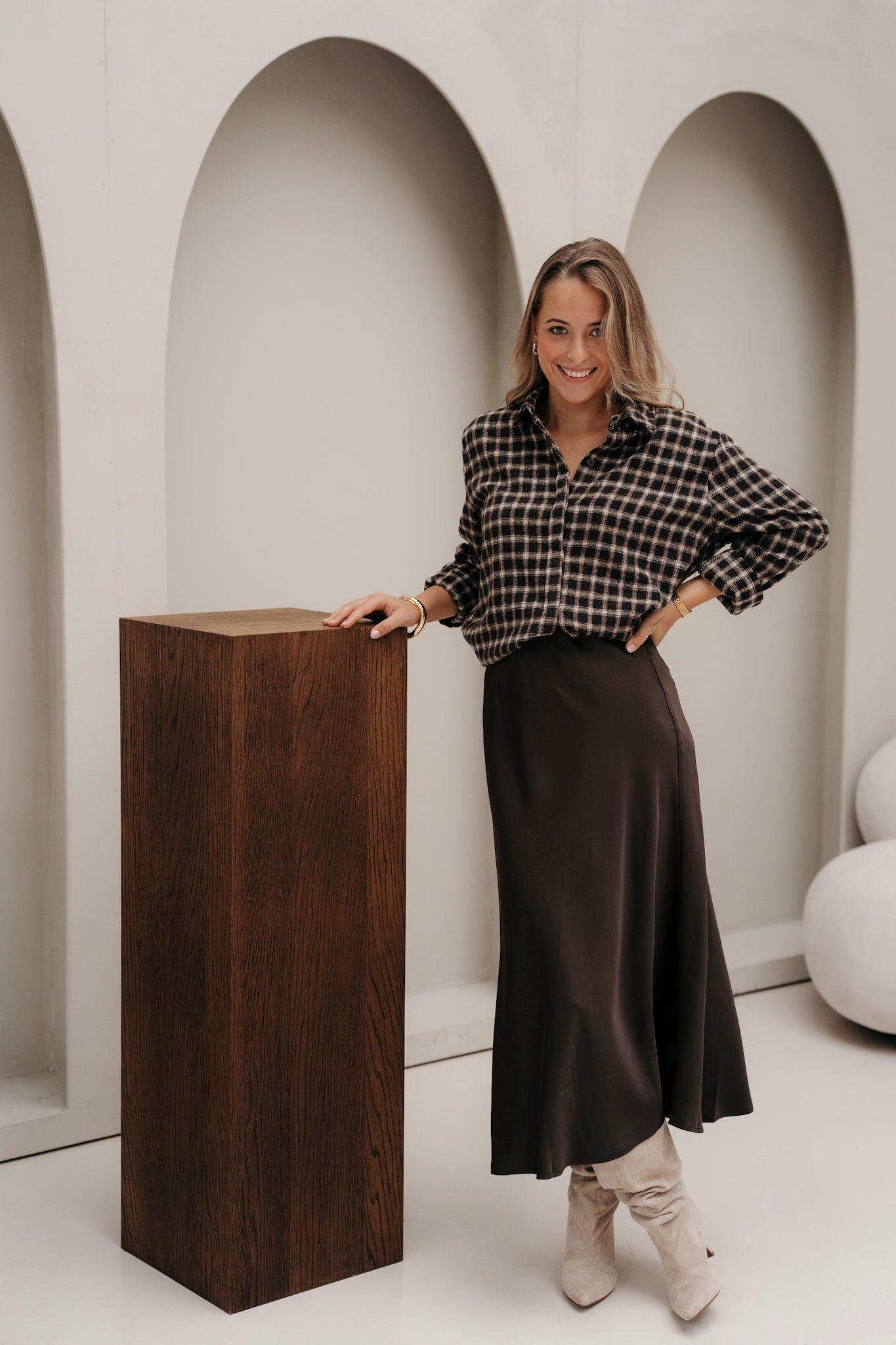 Ruit blouse bruin