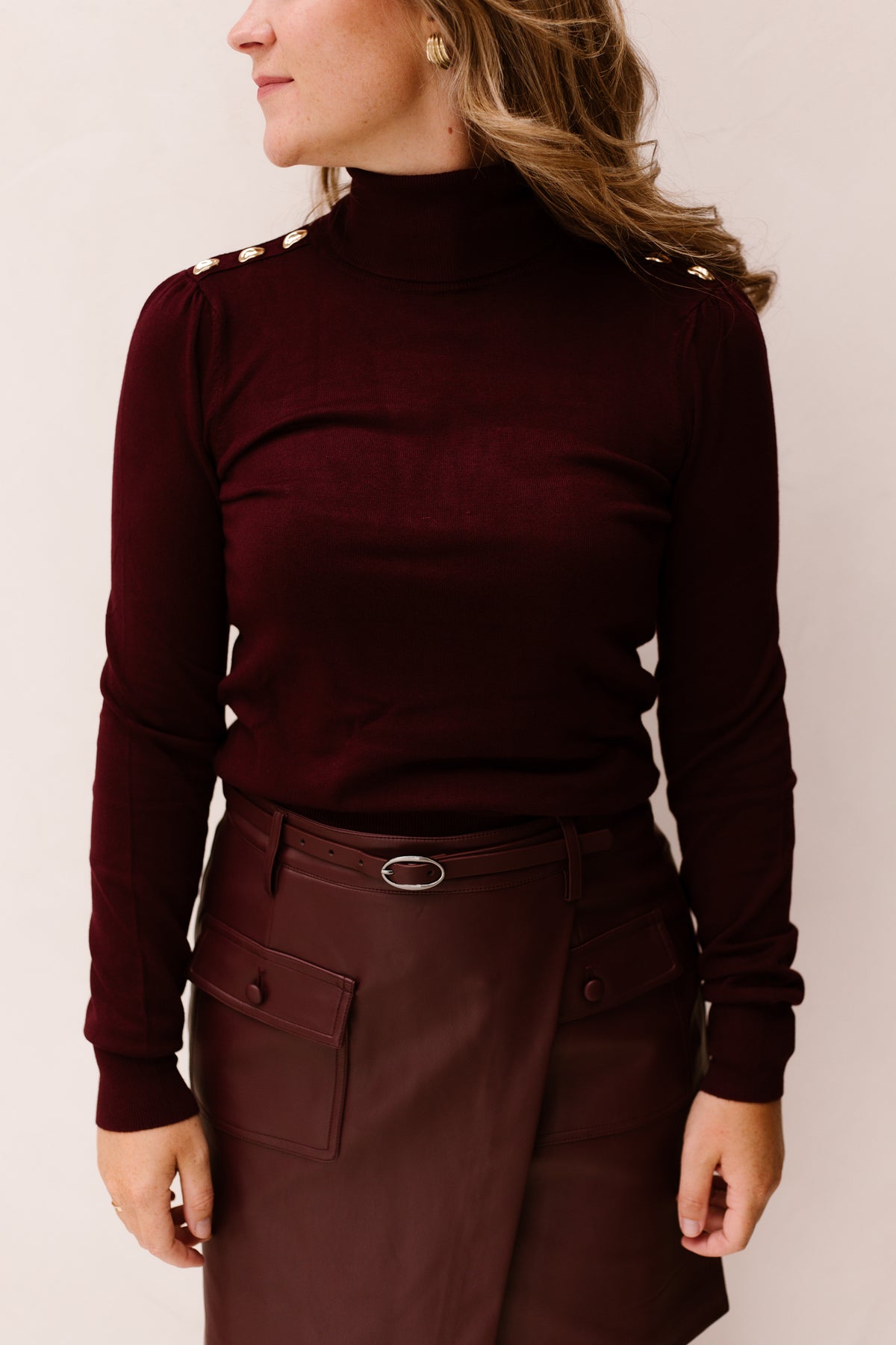Sweater Shoulder Button Col Basic Knit Merlot 07544