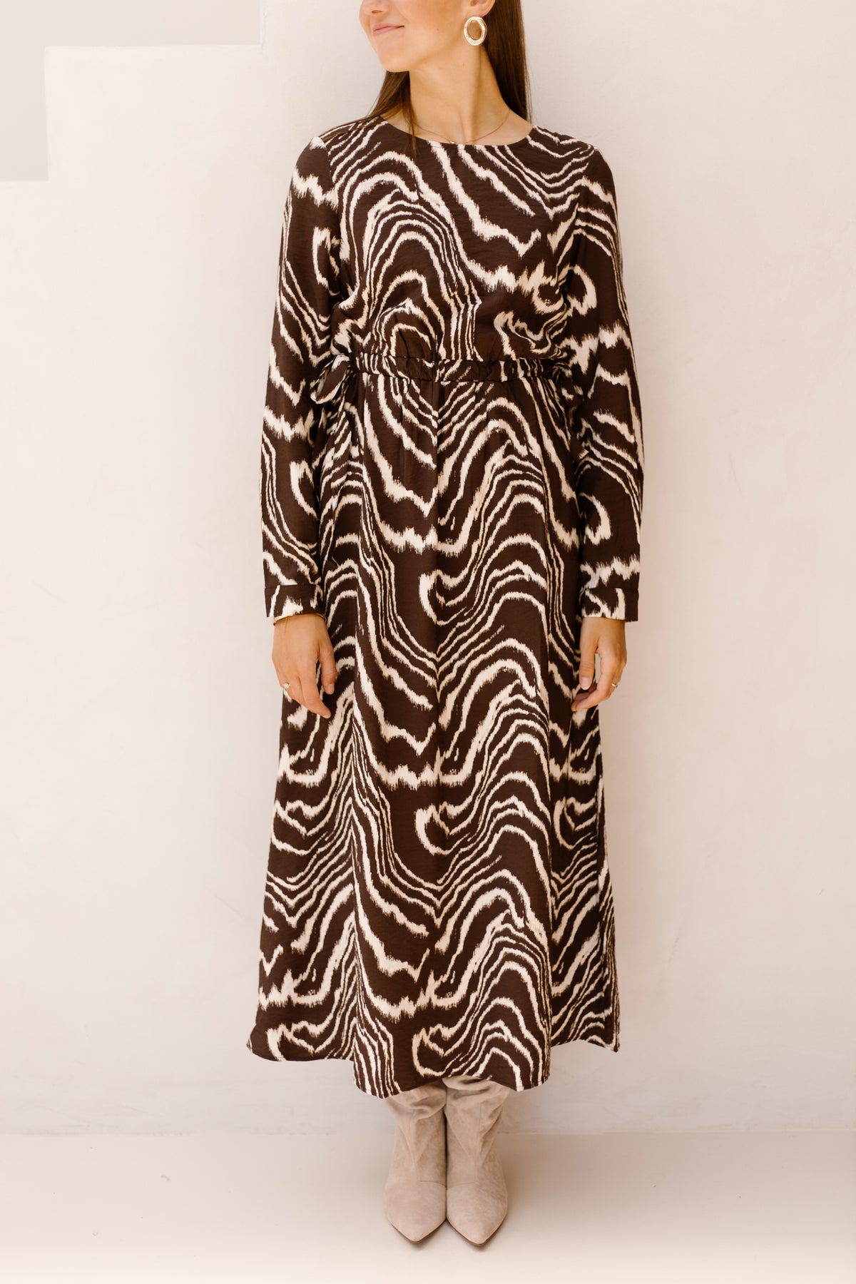 Objjacira L/S O-Neck Midi Dress Seal Brown/Birch