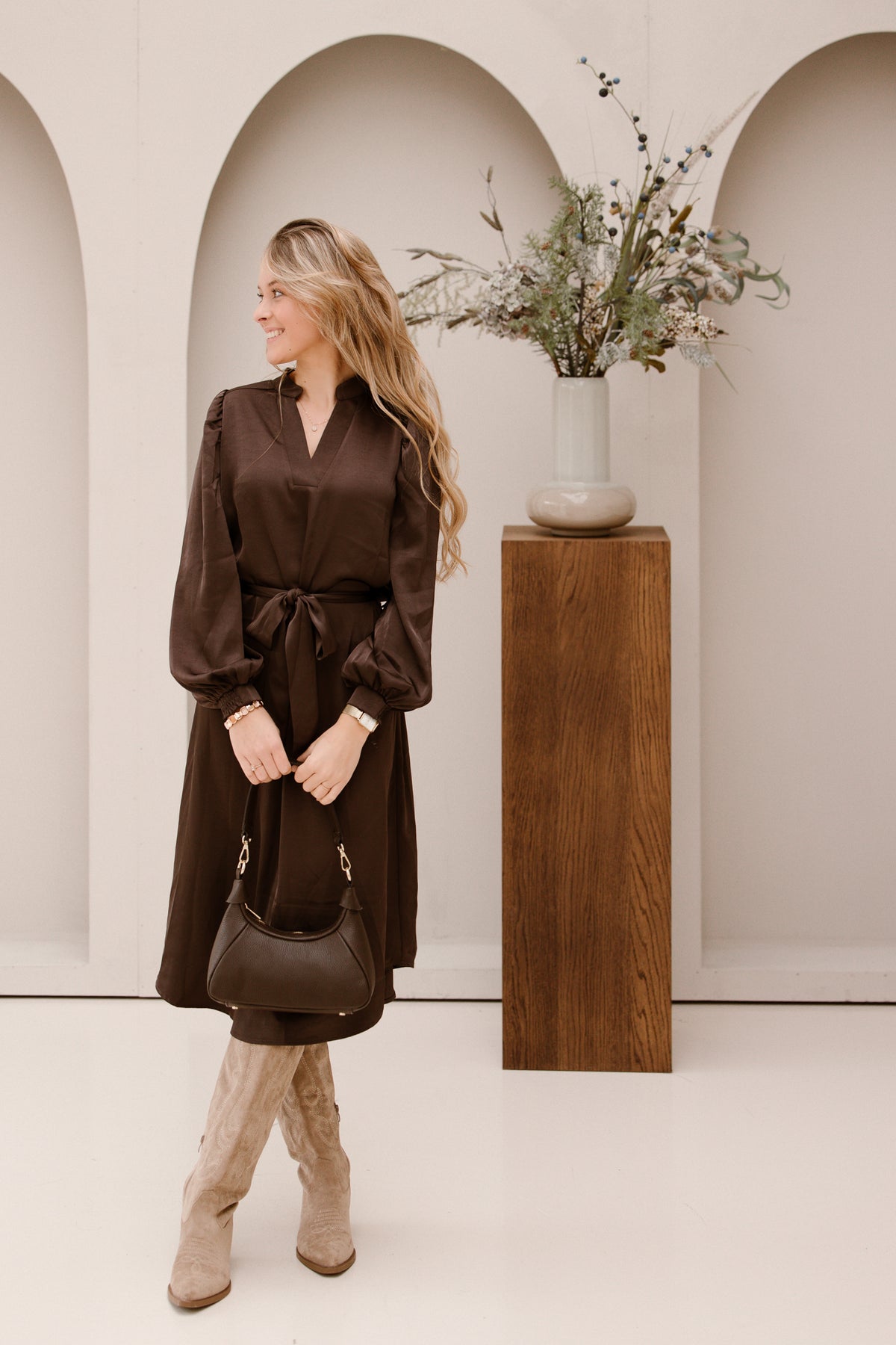 Rolana Heavy Sateen Dress Dark Brown