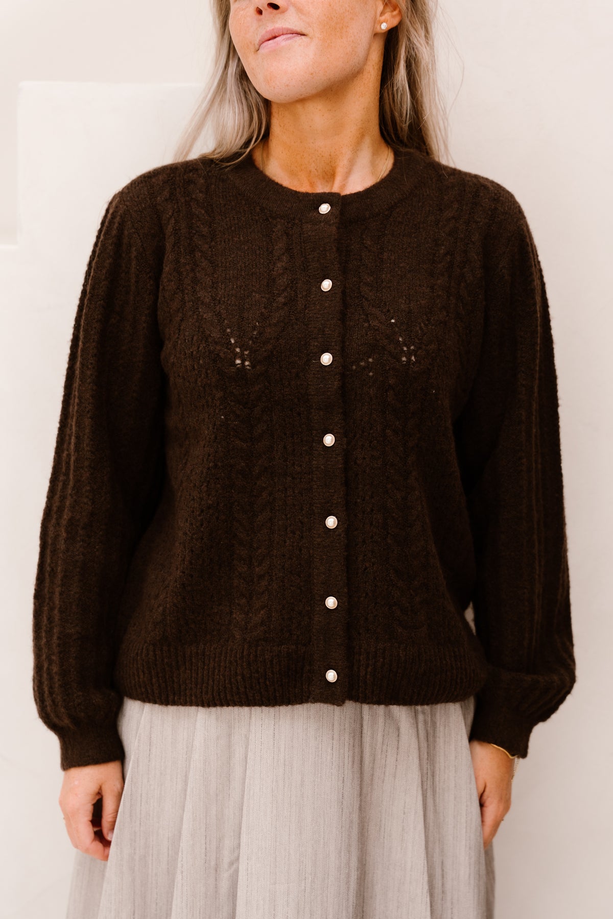 Objflora button cardigan seal brown