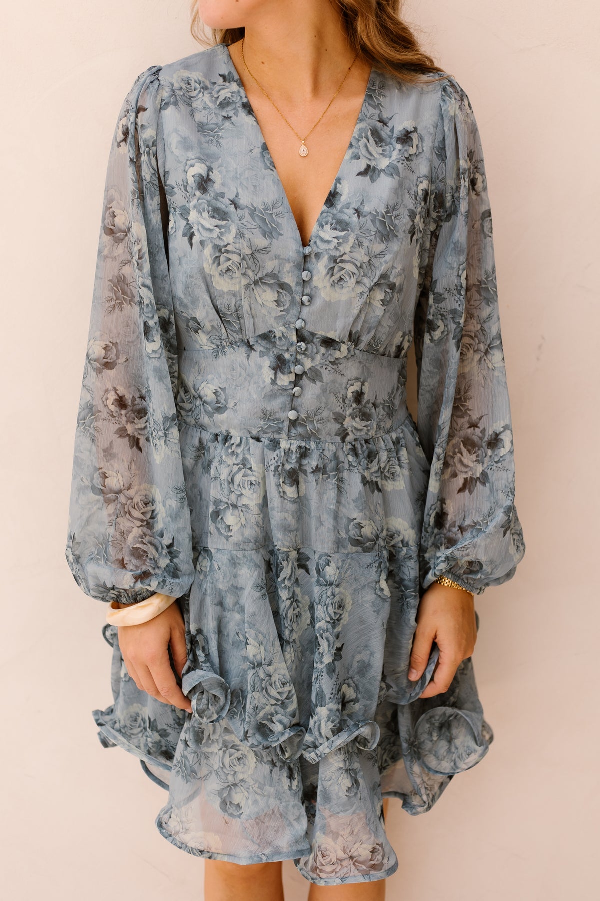 Mabella Crepe Print Dress Dusty Blue