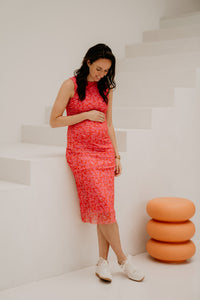 Pleun print mesh jurk rood/roze
