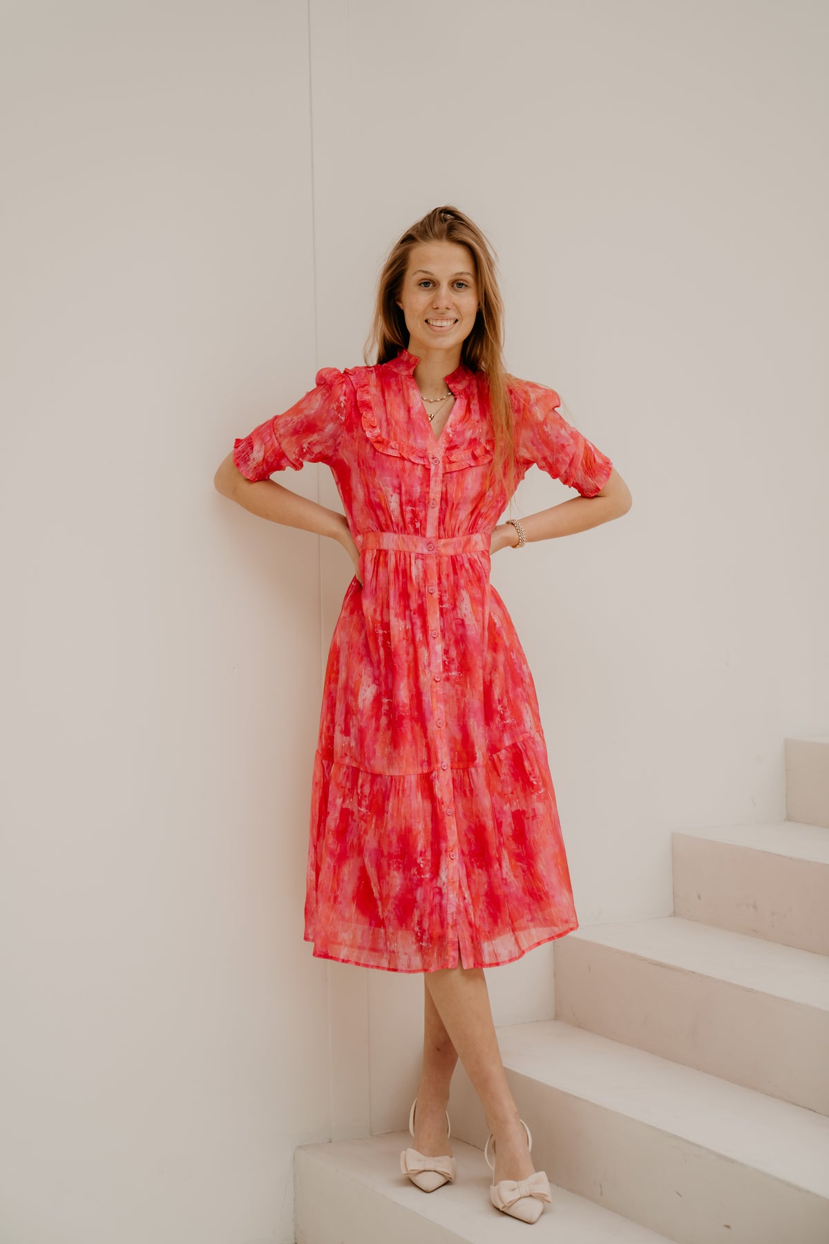 Poppy lange print jurk roze