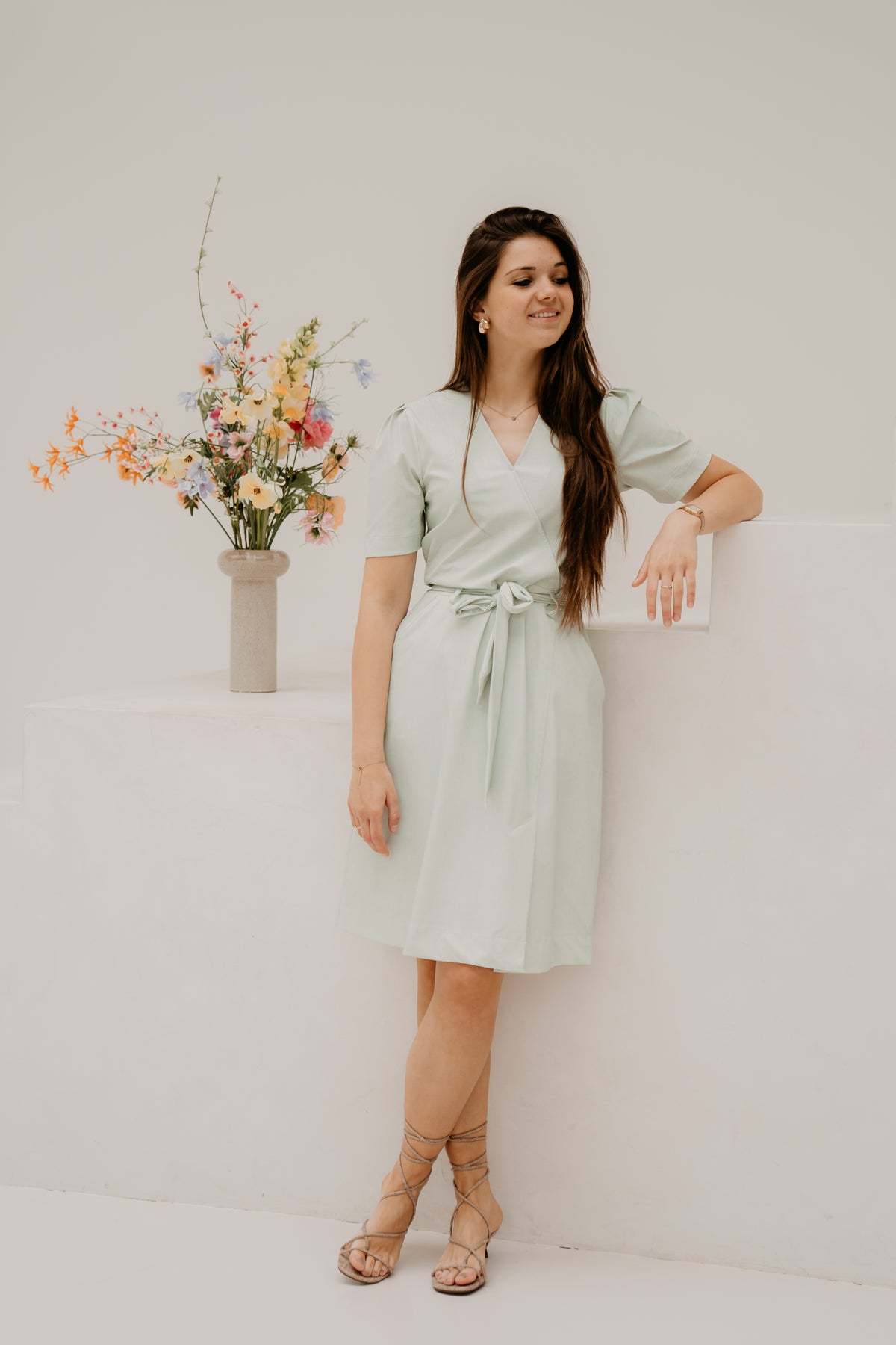 Wrap Dress Linnen Structure Print Pistachio