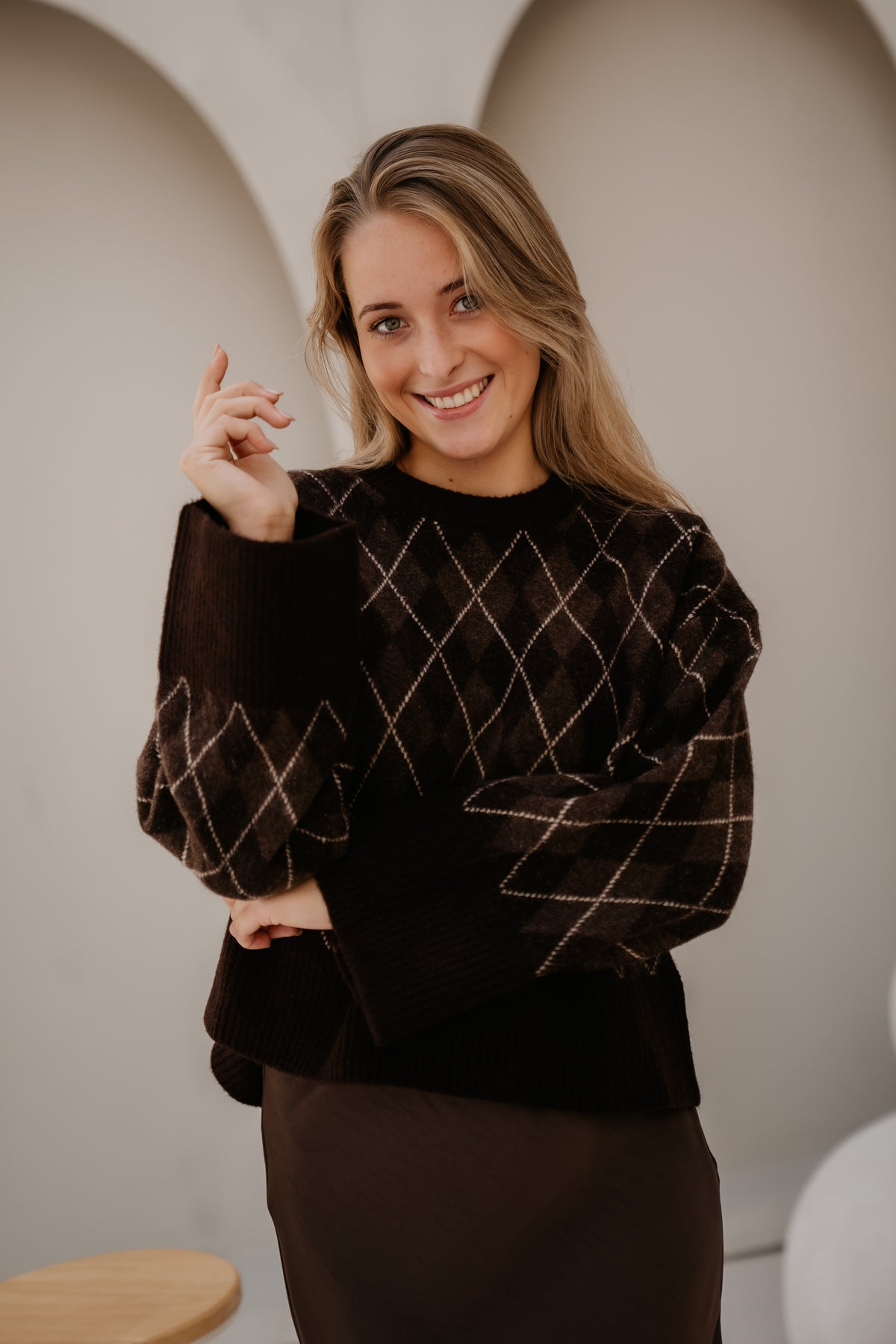 Kick Check Knit Blouse Dark Brown