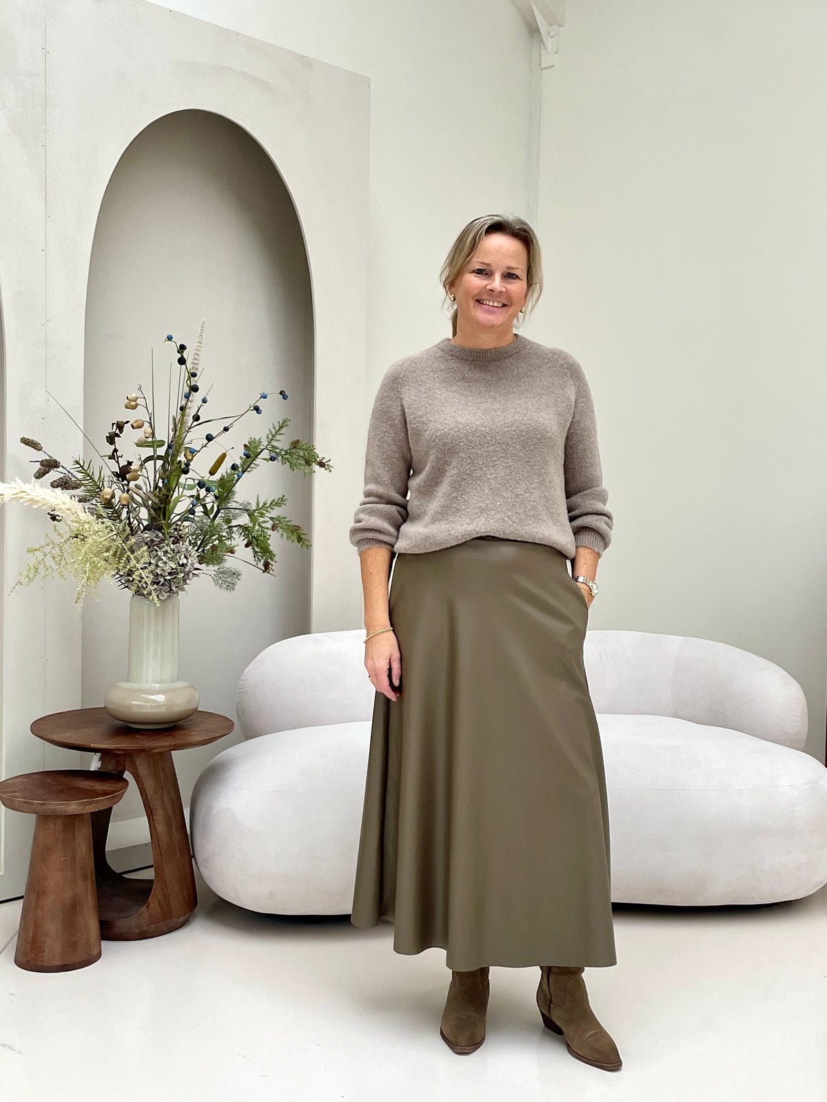 Leather midi skirt taupe