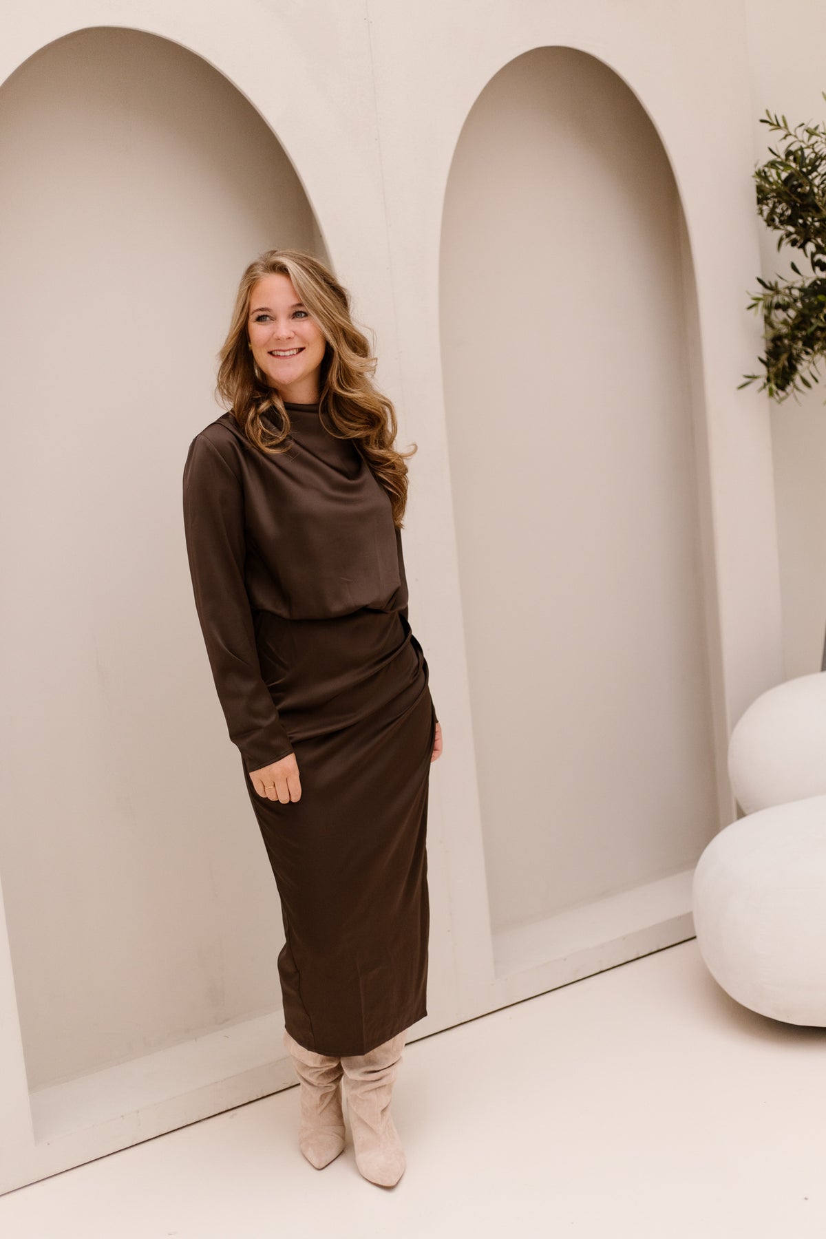 YASPella LS Funnel Neck Long Dress Chocolate Brown