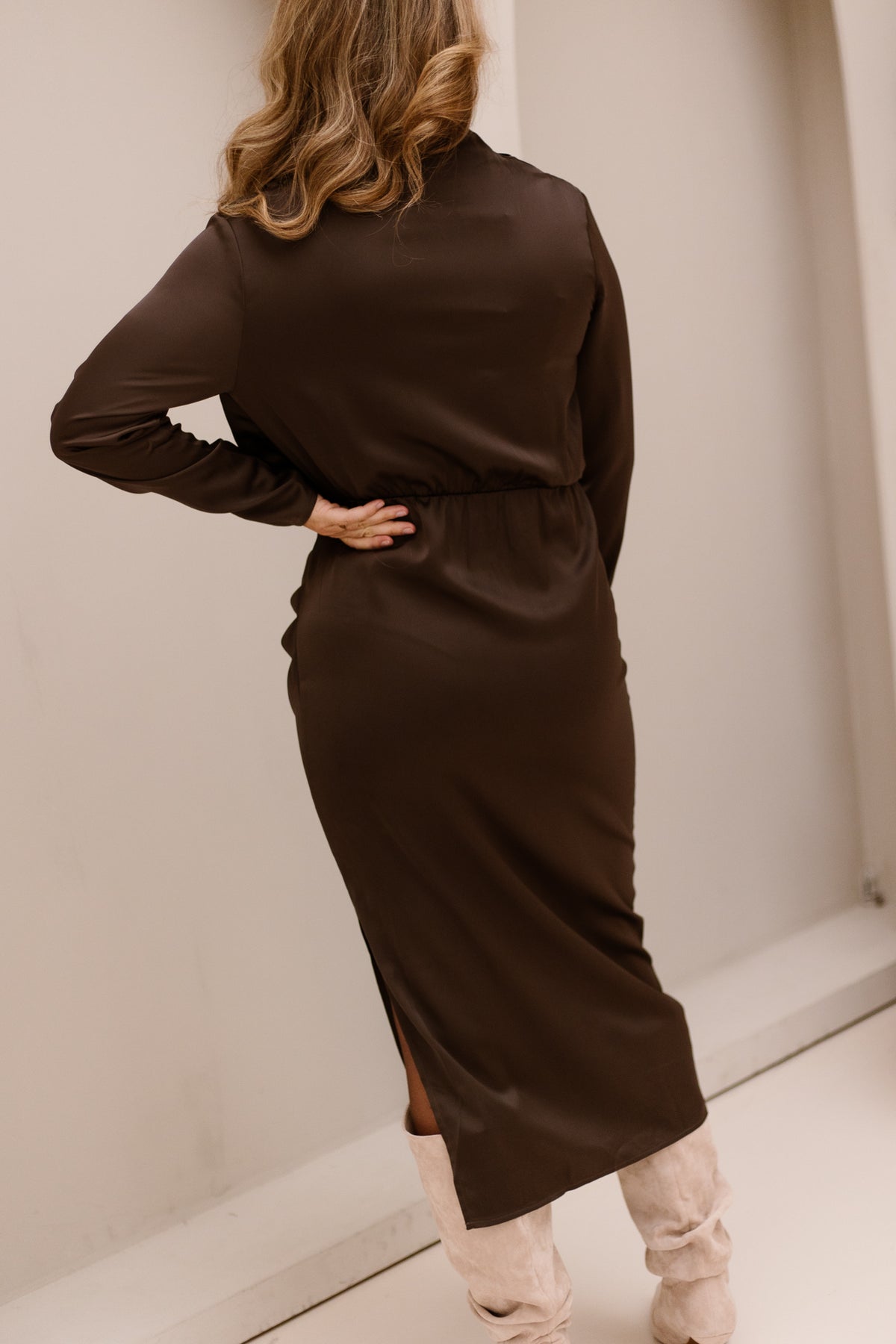 YASPella LS Funnel Neck Long Dress Chocolate Brown