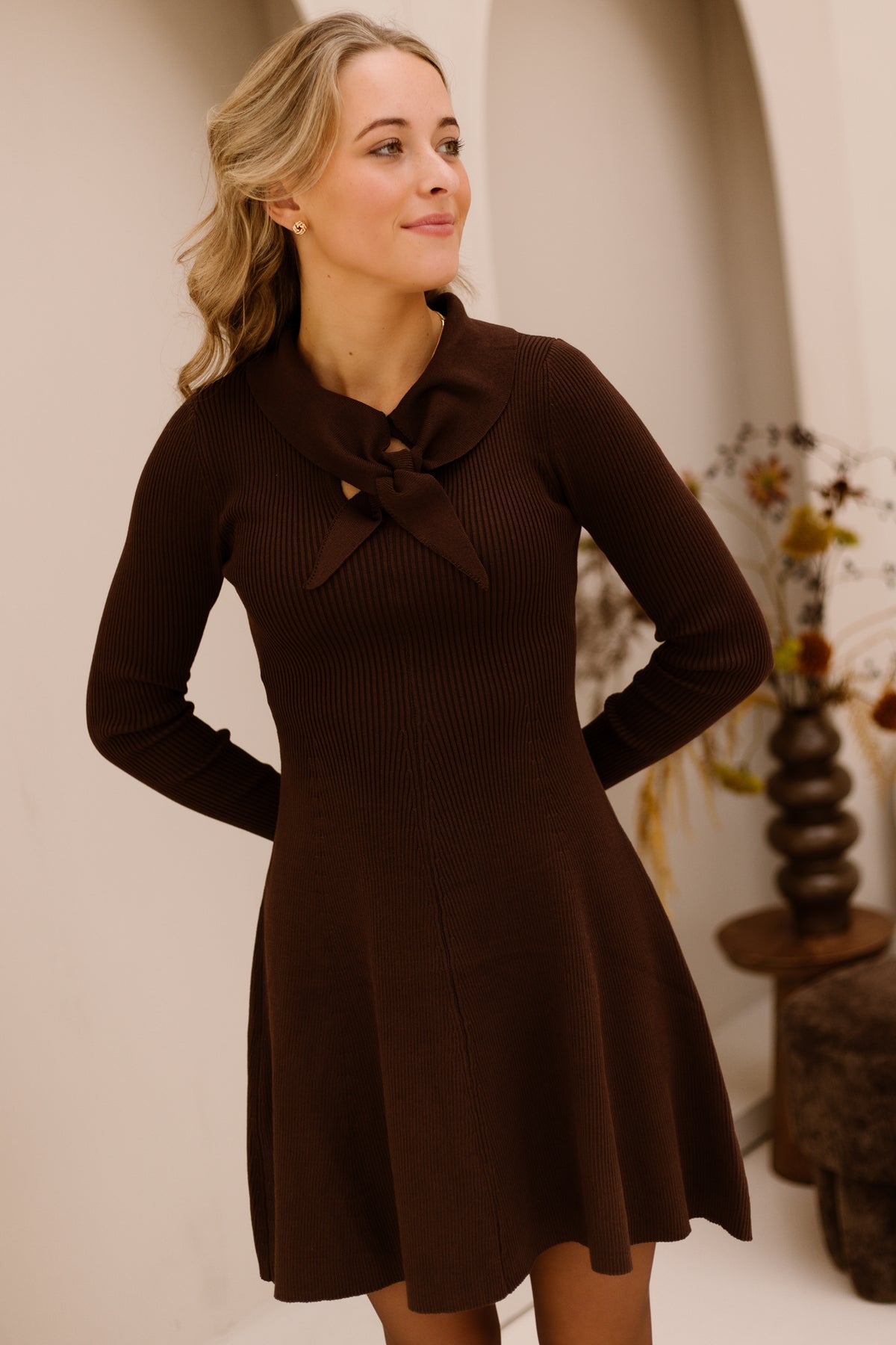 Fenne collar rib dress brown