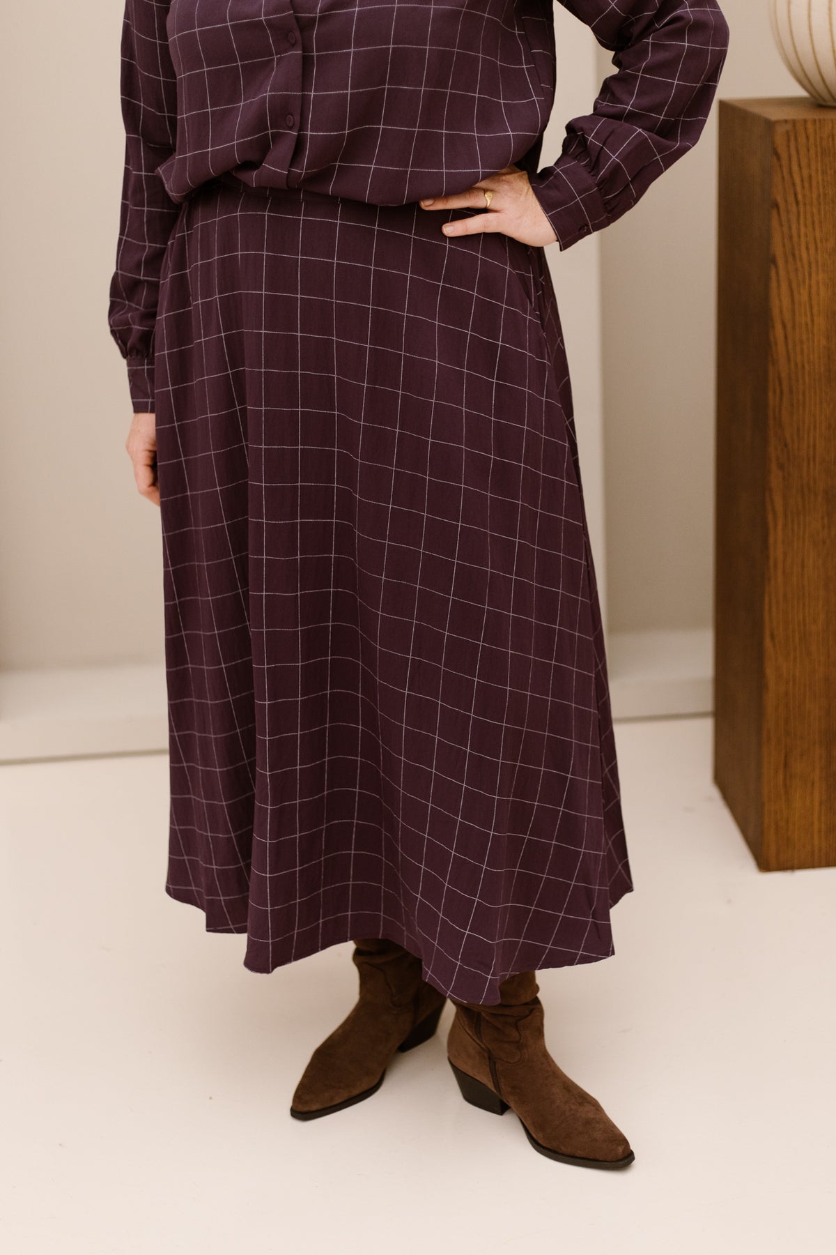 Objliva M/W Long Skirt Plum/Check