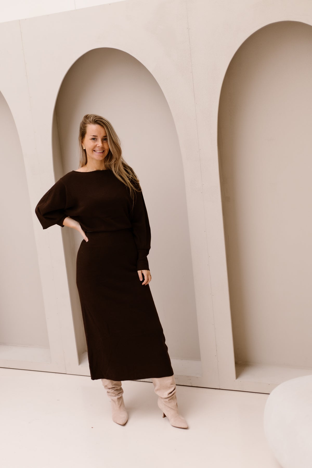 Dress Long Boatneck Knit Dark Coffee 18708