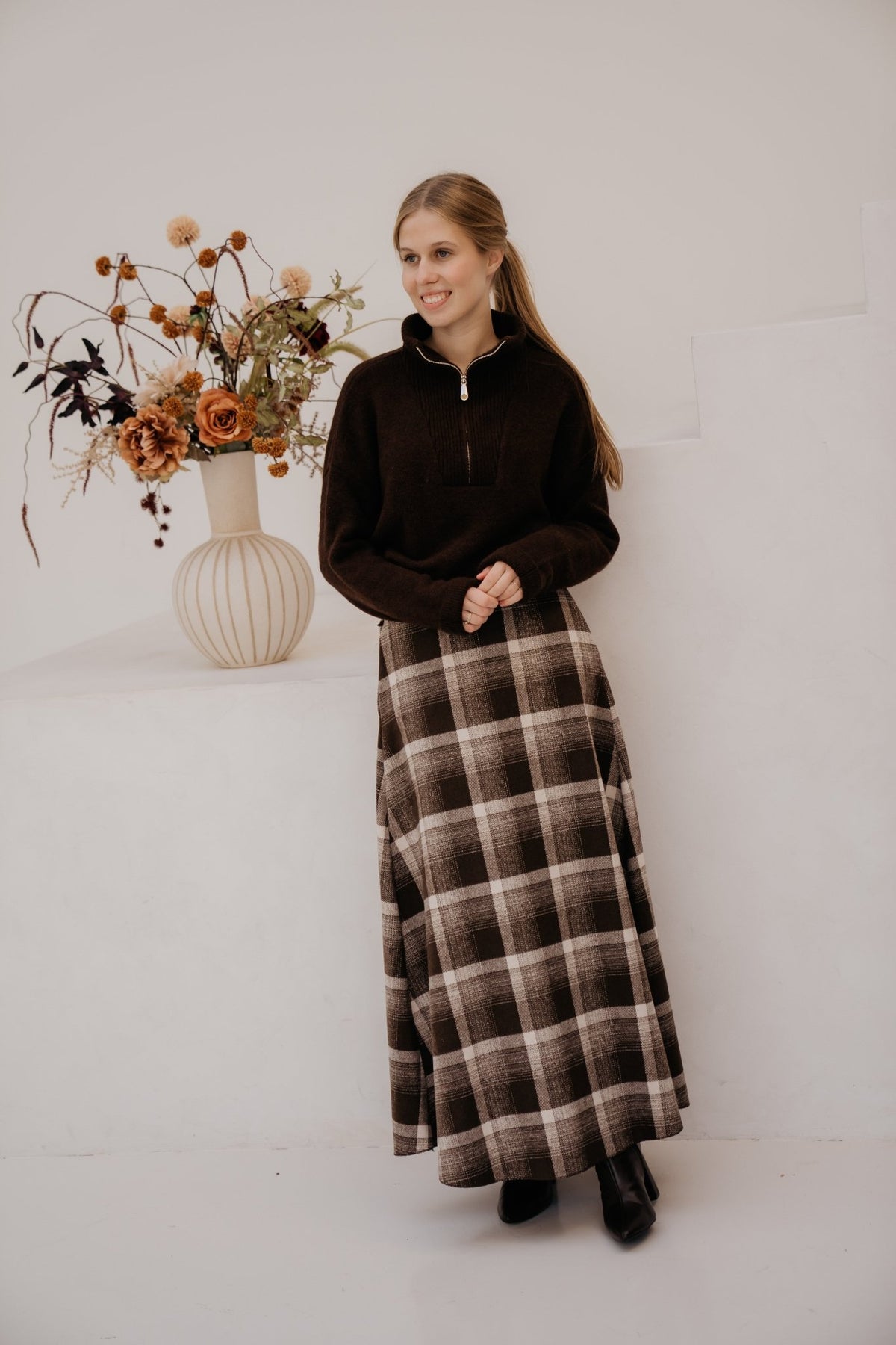 Aaltje long check skirt brown - Bij Keesje - Bij Keesje - Rok