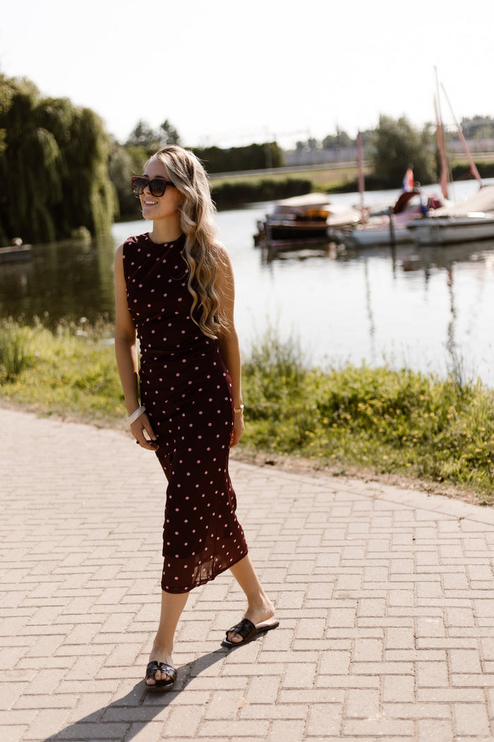 Adriana mesh polkadot dress bordeaux - Bij Keesje - Bij Keesje - Jurk