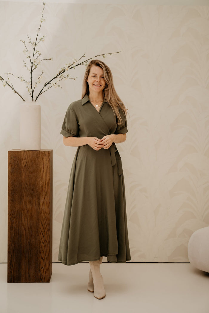 Aline wikkeljurk khaki - Bij Keesje - Bij Keesje - Jurk