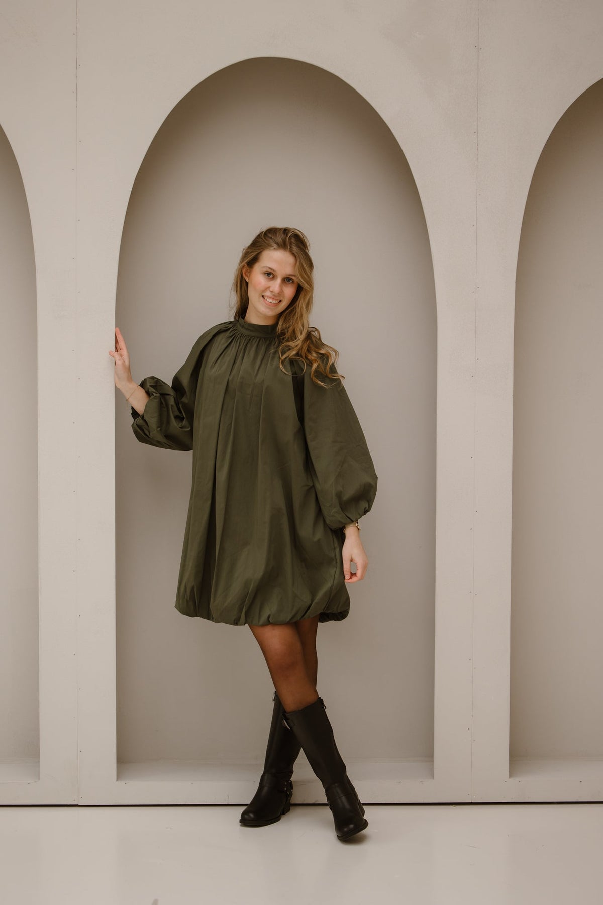 Balloon dress short army green - Bij Keesje - Bij Keesje