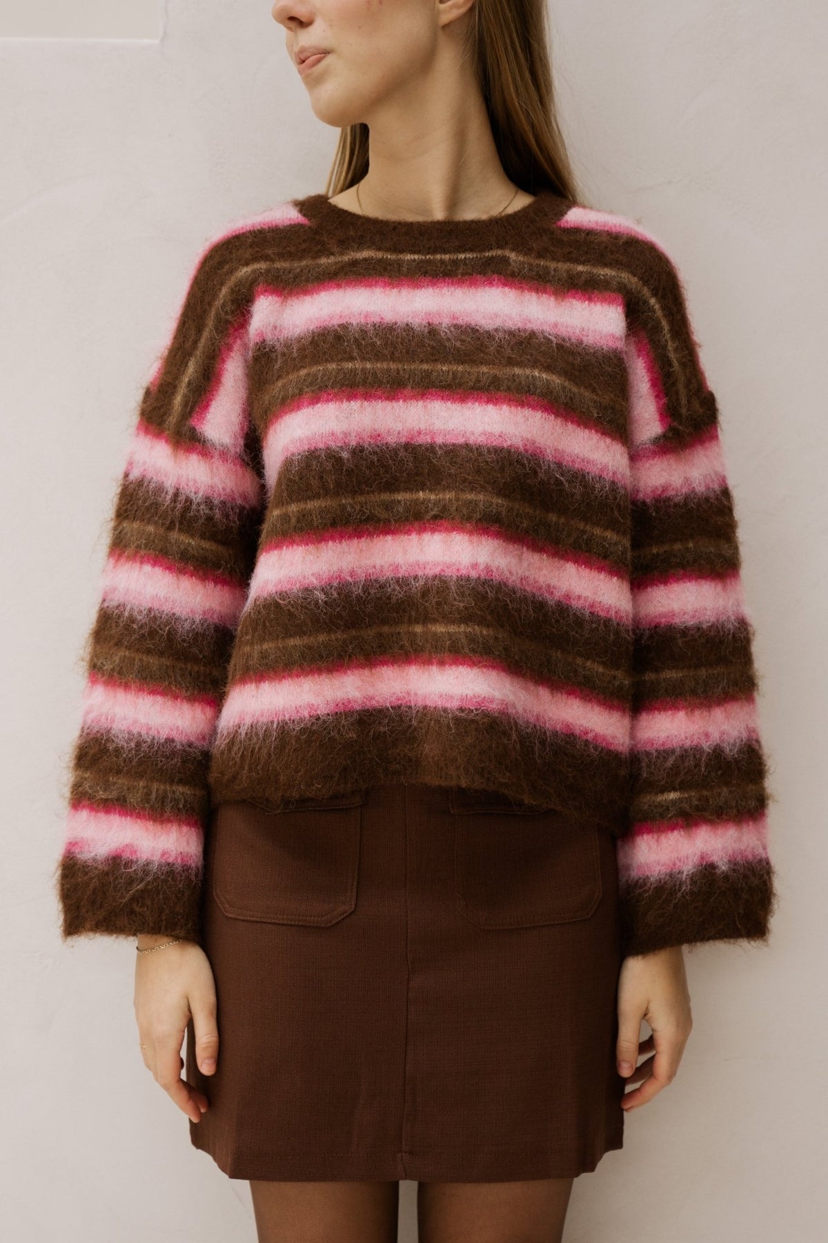 Belize sweater stripe brown/pink - Bij Keesje - Bij Keesje