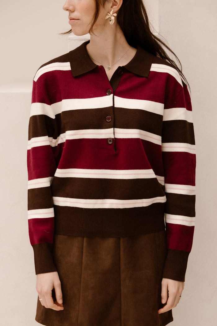 Berdien polo stripes maron - Bij Keesje - Bij Keesje