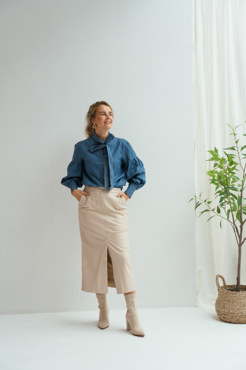 Blouse denim strik blue - Bij Keesje