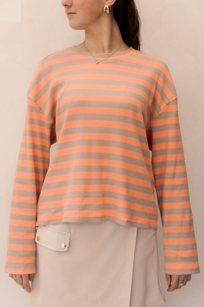 Britt streep top beige/oranje - Bij Keesje - Bij Keesje