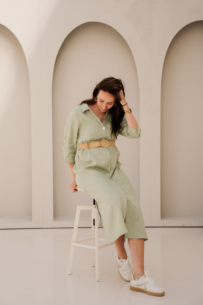 Dress long belt linen soft green - 28228 - Bij Keesje - Esqualo - jurk
