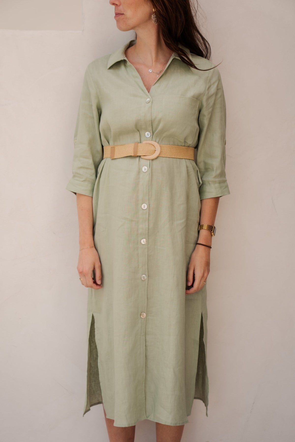 Dress long belt linen soft green - 28228 - Bij Keesje - Esqualo - jurk