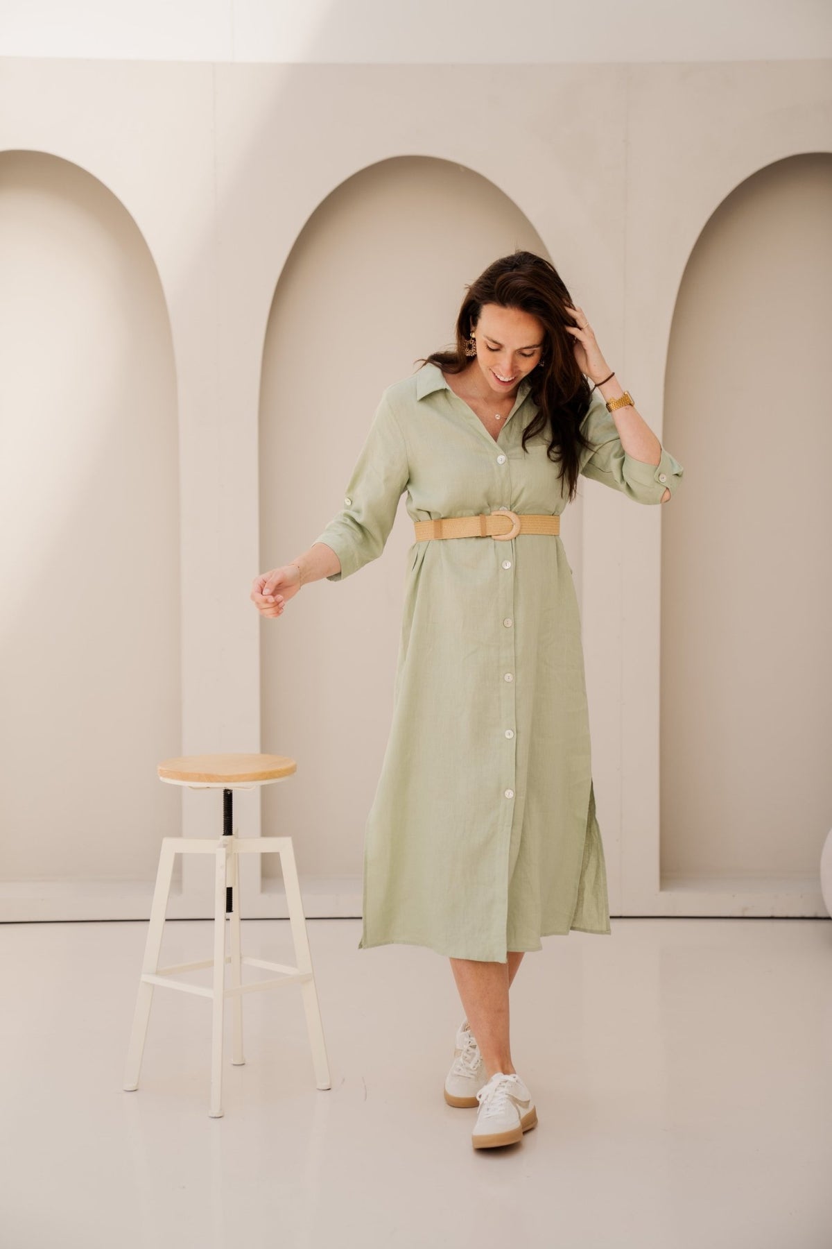 Dress long belt linen soft green - 28228 - Bij Keesje - Esqualo - jurk