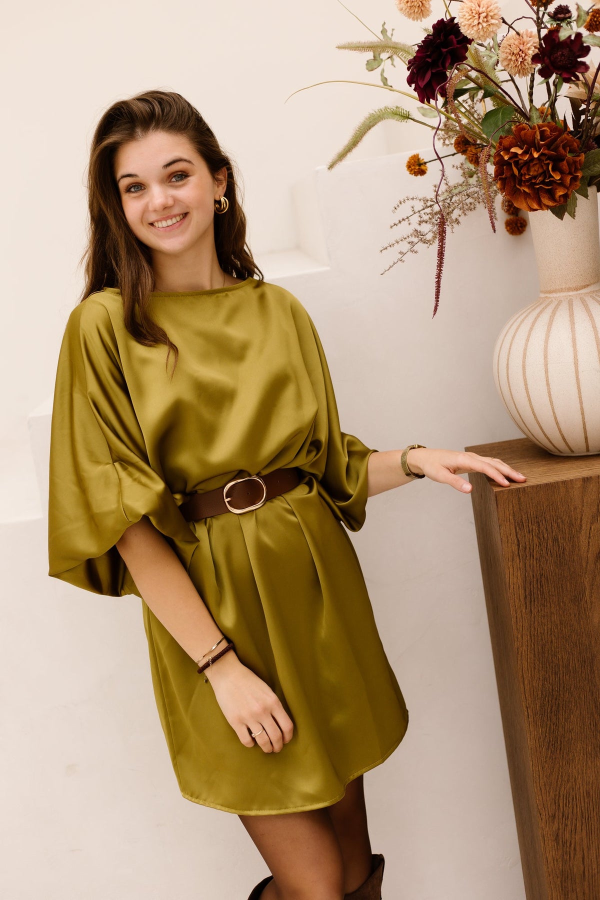 Elina dress satin Moss green - Bij Keesje - Bij Keesje - Jurk