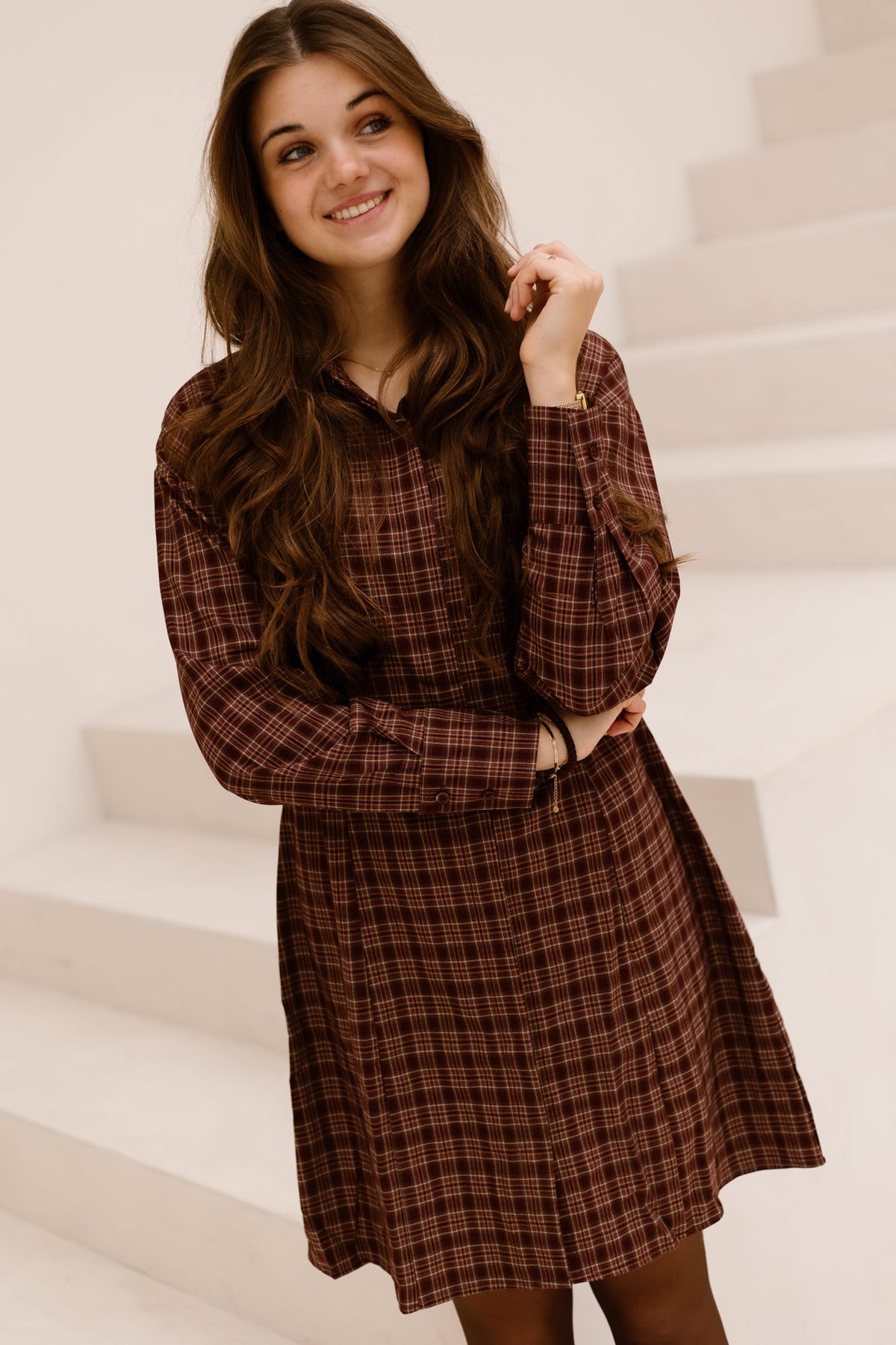 Elisa ruit jurk bordeaux - Bij Keesje - Bij Keesje - Jurk