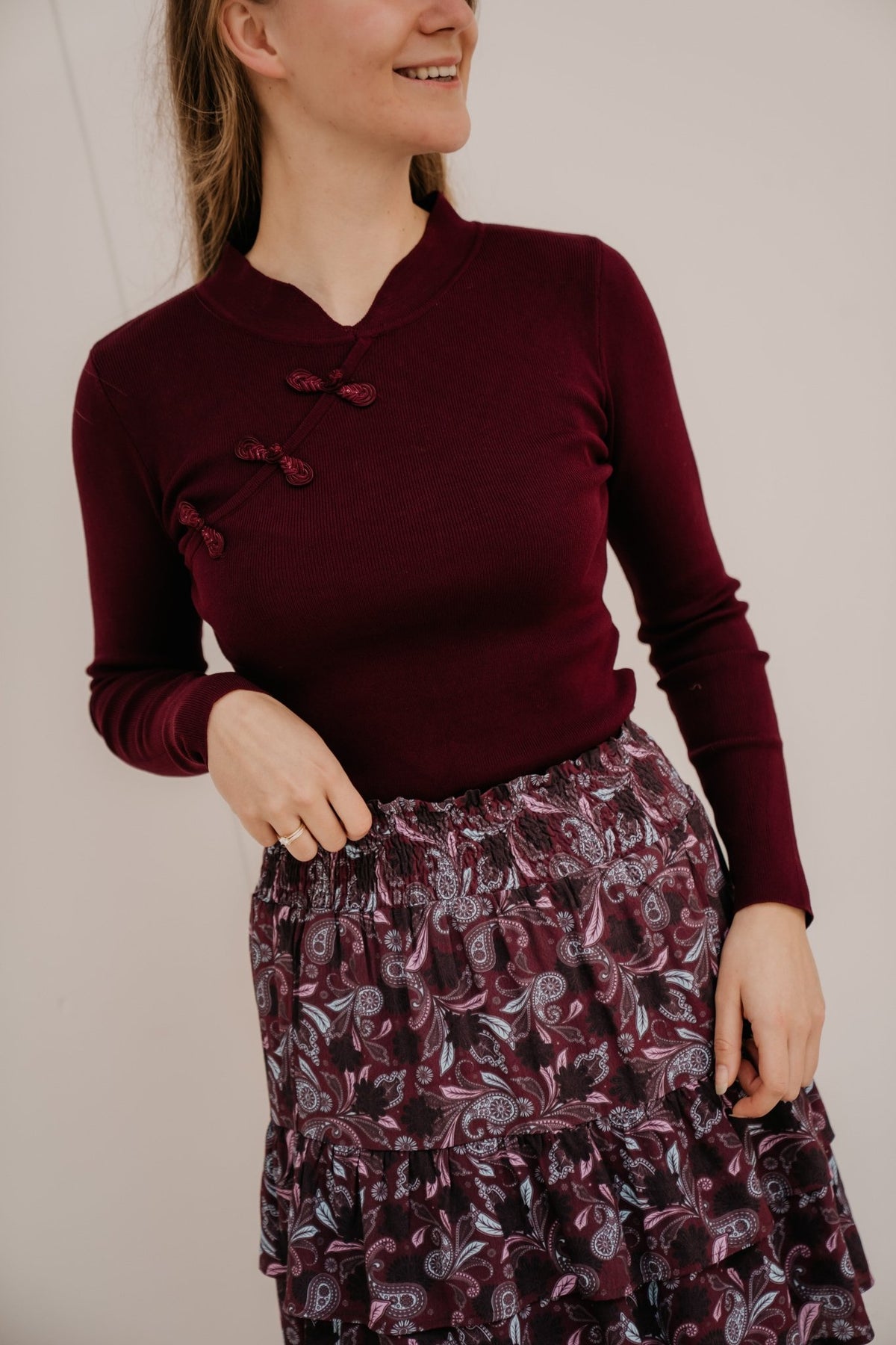 Emmie knot button top wine - Bij Keesje - Bij Keesje - Top
