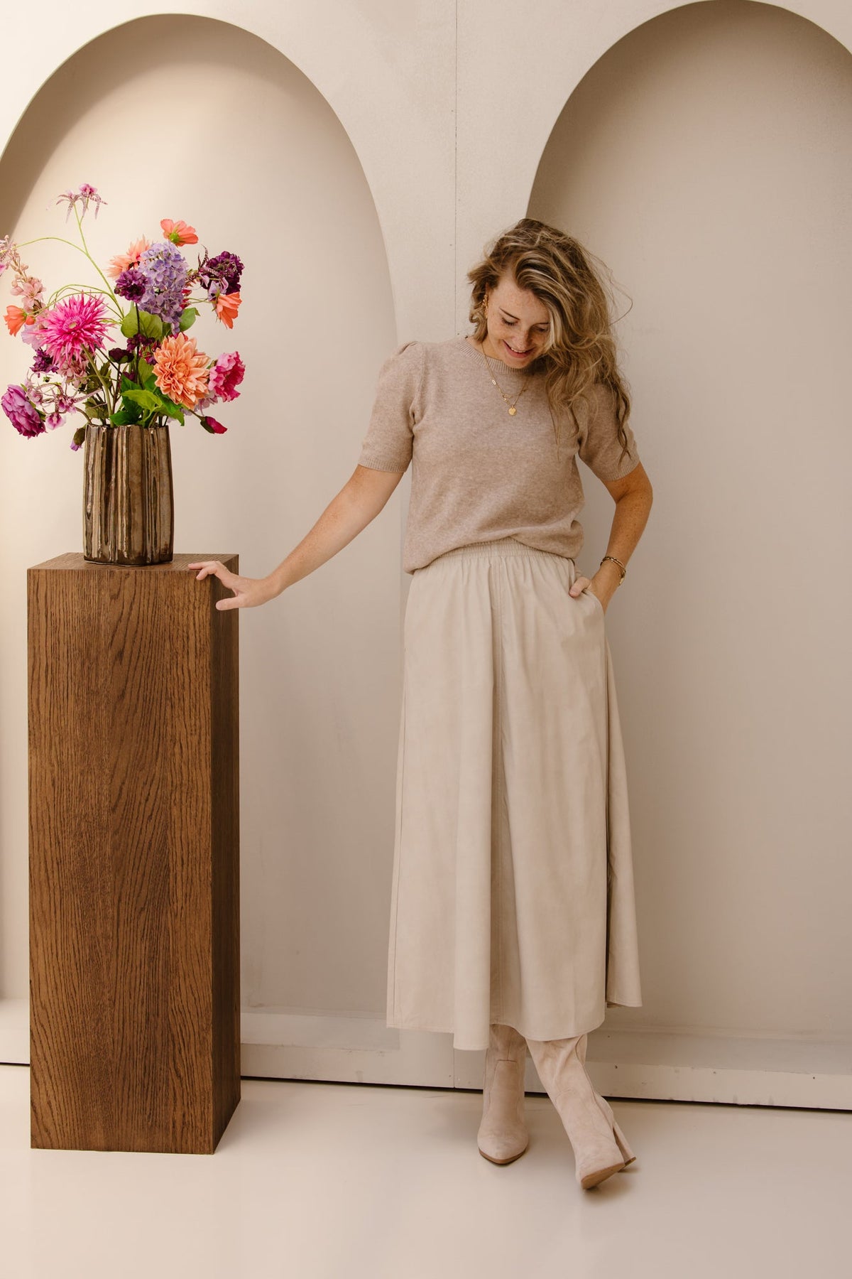 Esqualo skirt PU - long taupe - 11504 - Bij Keesje - Esqualo