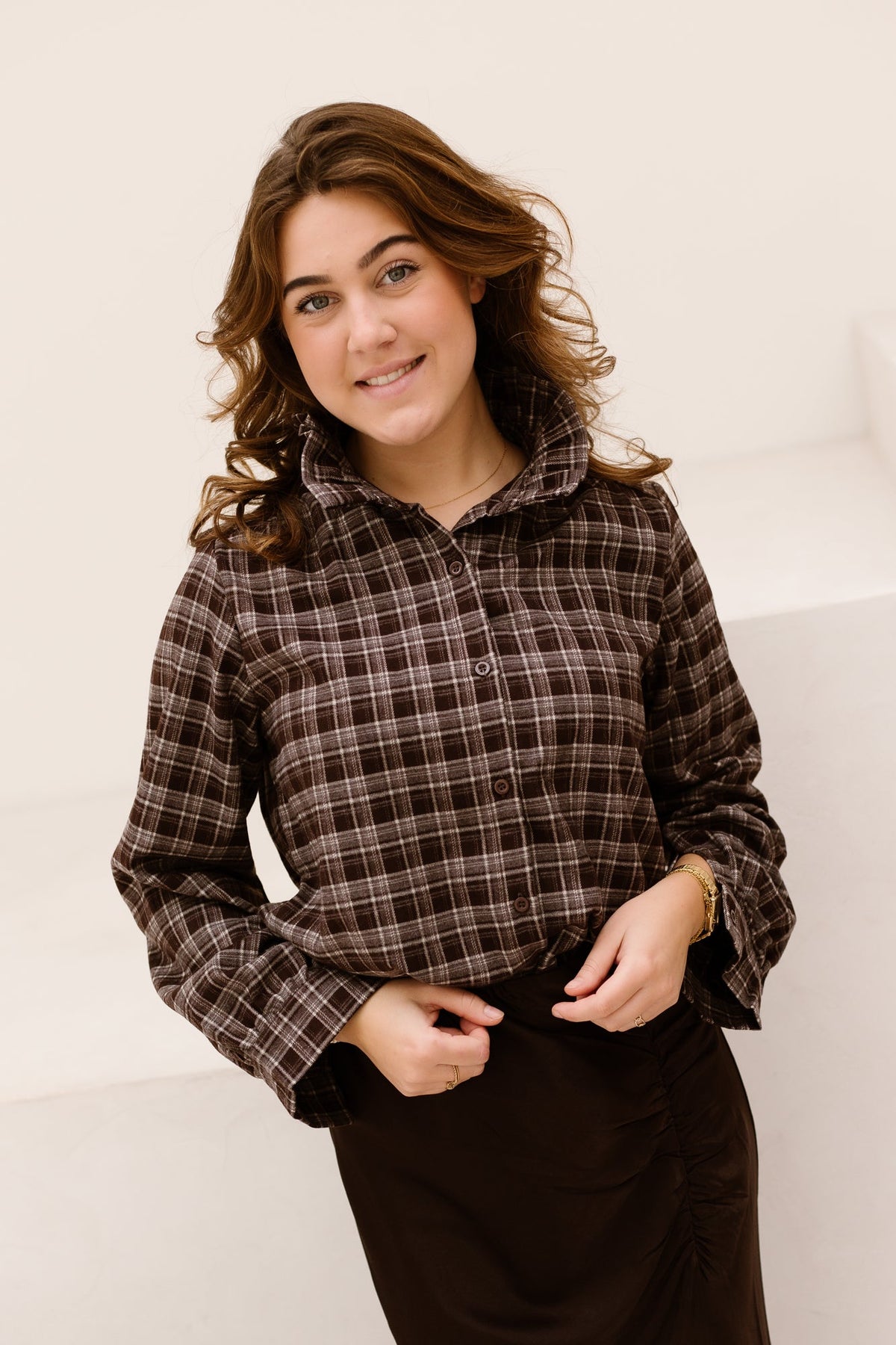 Fallon ruffle check blouse brown - Bij Keesje - Bij Keesje - Blouse