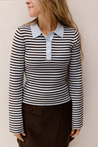 Fannya LS Striped Knit Polo Light Blue Stripe - Bij Keesje - Neo Noir - top