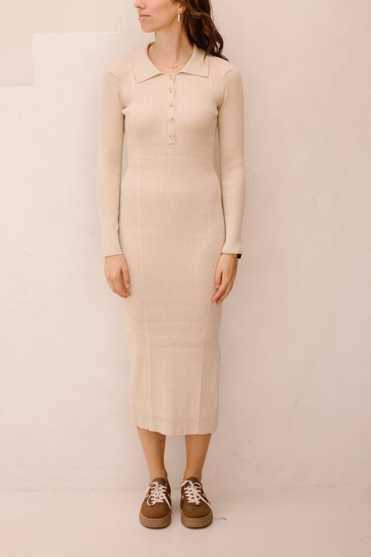 Frederique polo jurk long sleeve beige - Bij Keesje - Bij Keesje The Label