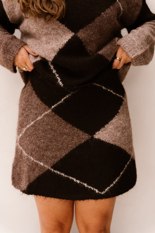 Gisa check fluff knit skirt d.brown - Bij Keesje - Neo Noir - rok
