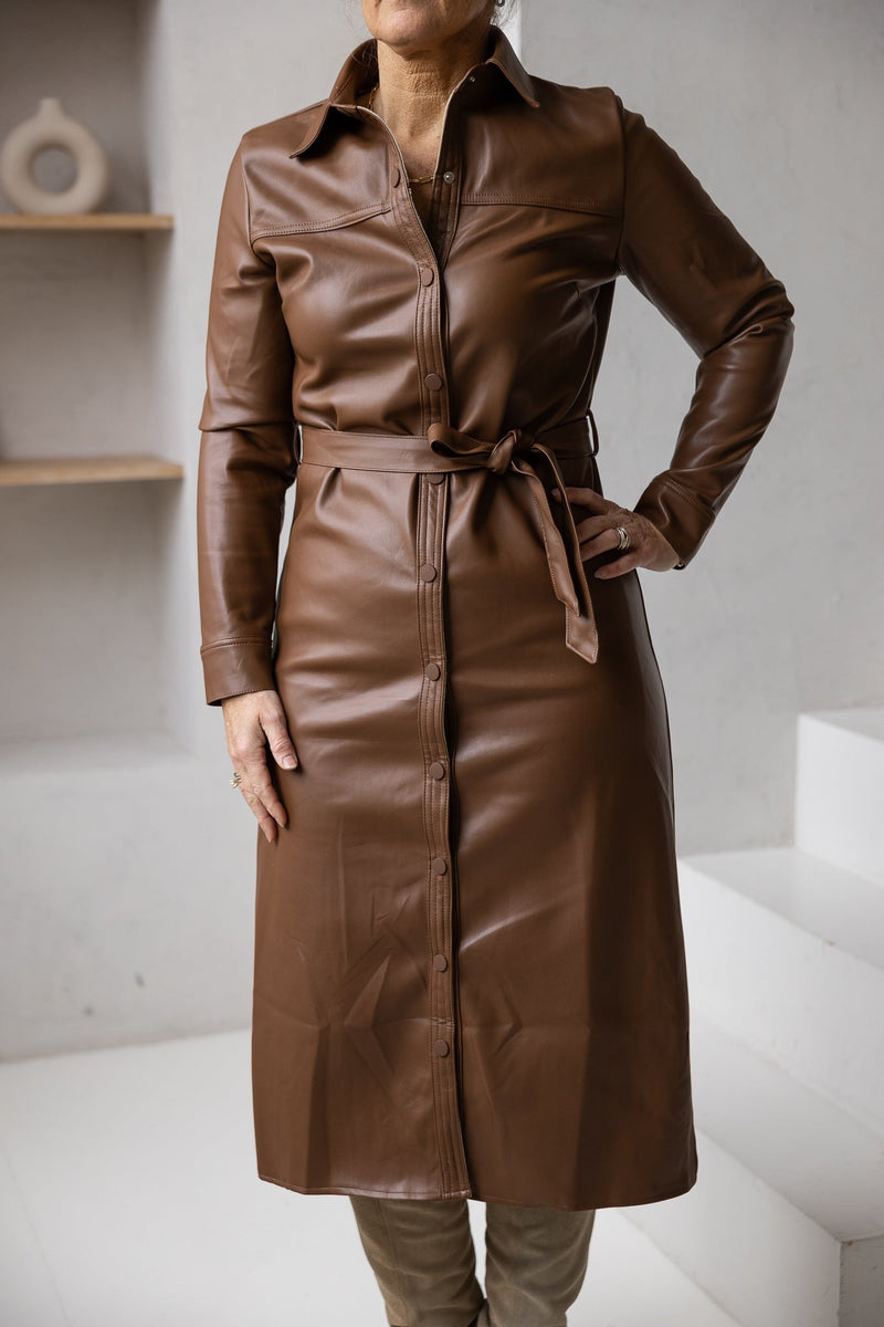 Helena leather dress camel - Bij Keesje