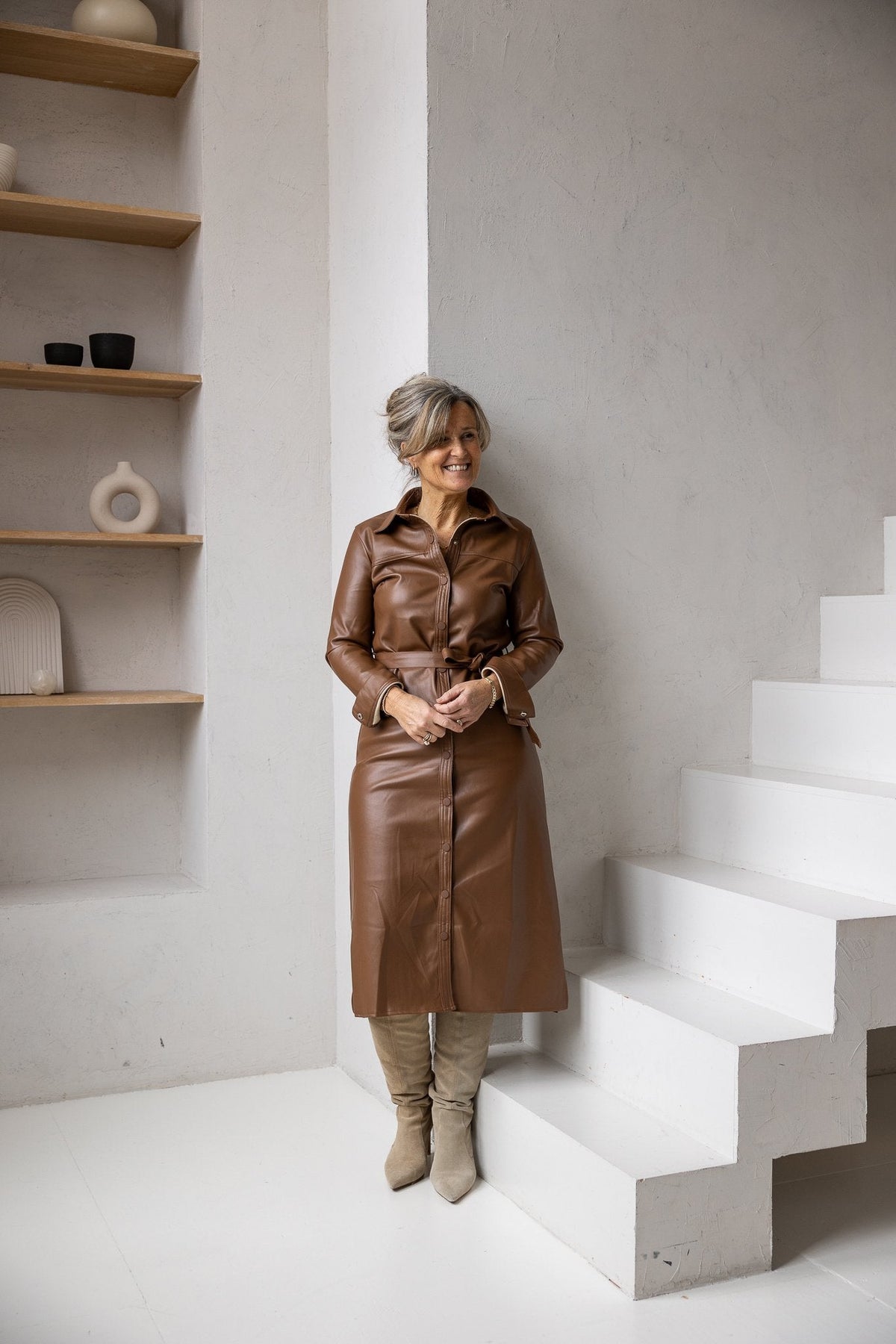 Helena leather dress camel - Bij Keesje