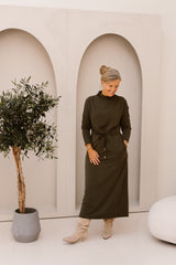 K-Design Soepele Maxi Jurk Met Trekkoord Dark Olive D450L