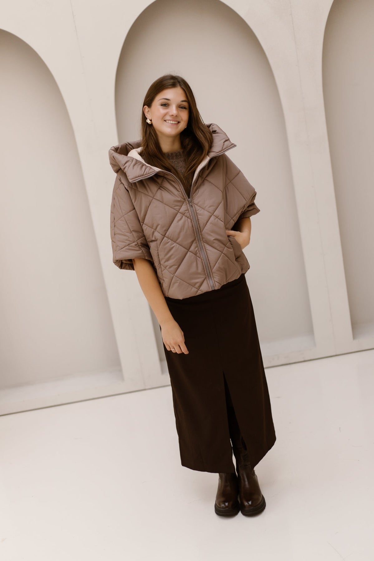 Karo bodywarmer taupe - Bij Keesje - Bij Keesje - Gilet