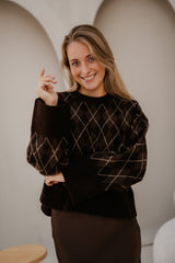 Kick Check Knit Blouse Dark Brown